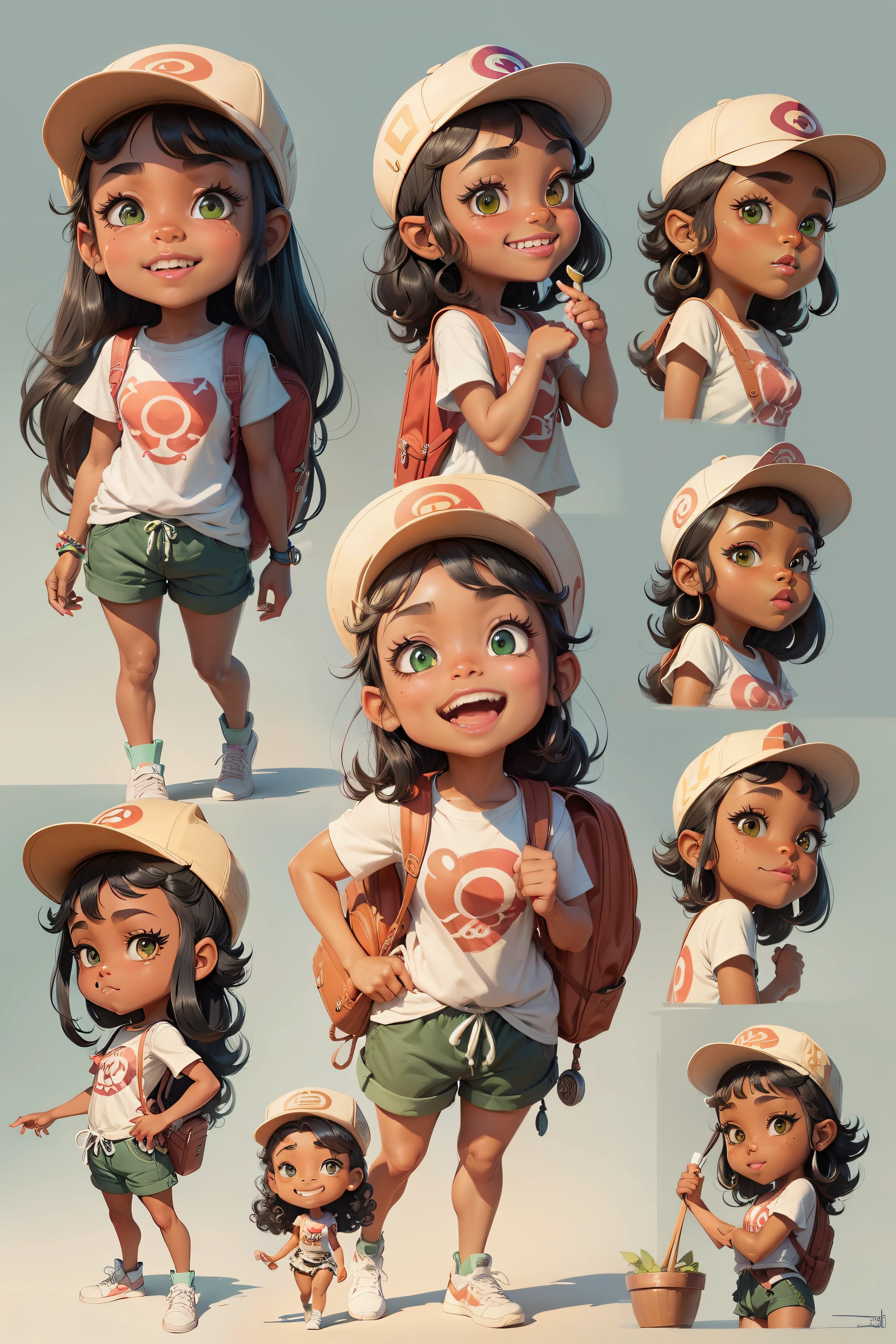 cartoon character of a Maori girl, black skin, jet black curly hair, green eyes wearing a tshirt shorts cap and a backpack with different poses and poses, cartoon concept art, very stylized character design, stylized character design, highly detailed character design, childrens art in artstation, character design, disney character style, concept art of single girl, animated character design, high quality character design, character exploration, great character design, in style of disney animation, character illustration