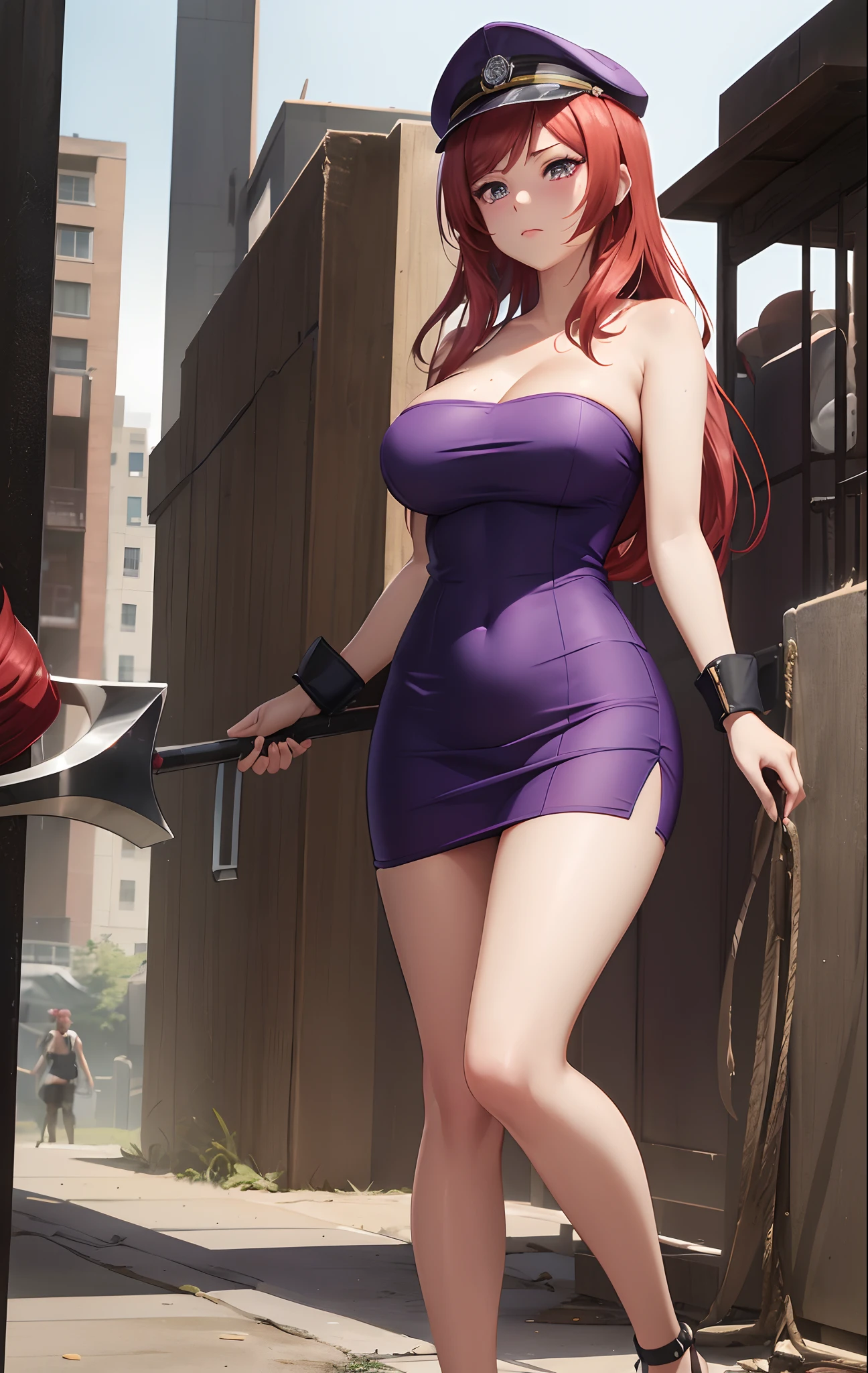 1girl surrounded by men,Nishikino maki, Purple eyes,red hair, curvy body, big breasts,((sexy short bodycon dress)), strapless , sleeveless, cleavage,bare shoulders, wrist band, police cap, holding Halberd, sweaty, blushing, standing, looking at viewer, prison,llchar, embarrassed, dominance posture, cowboy shot