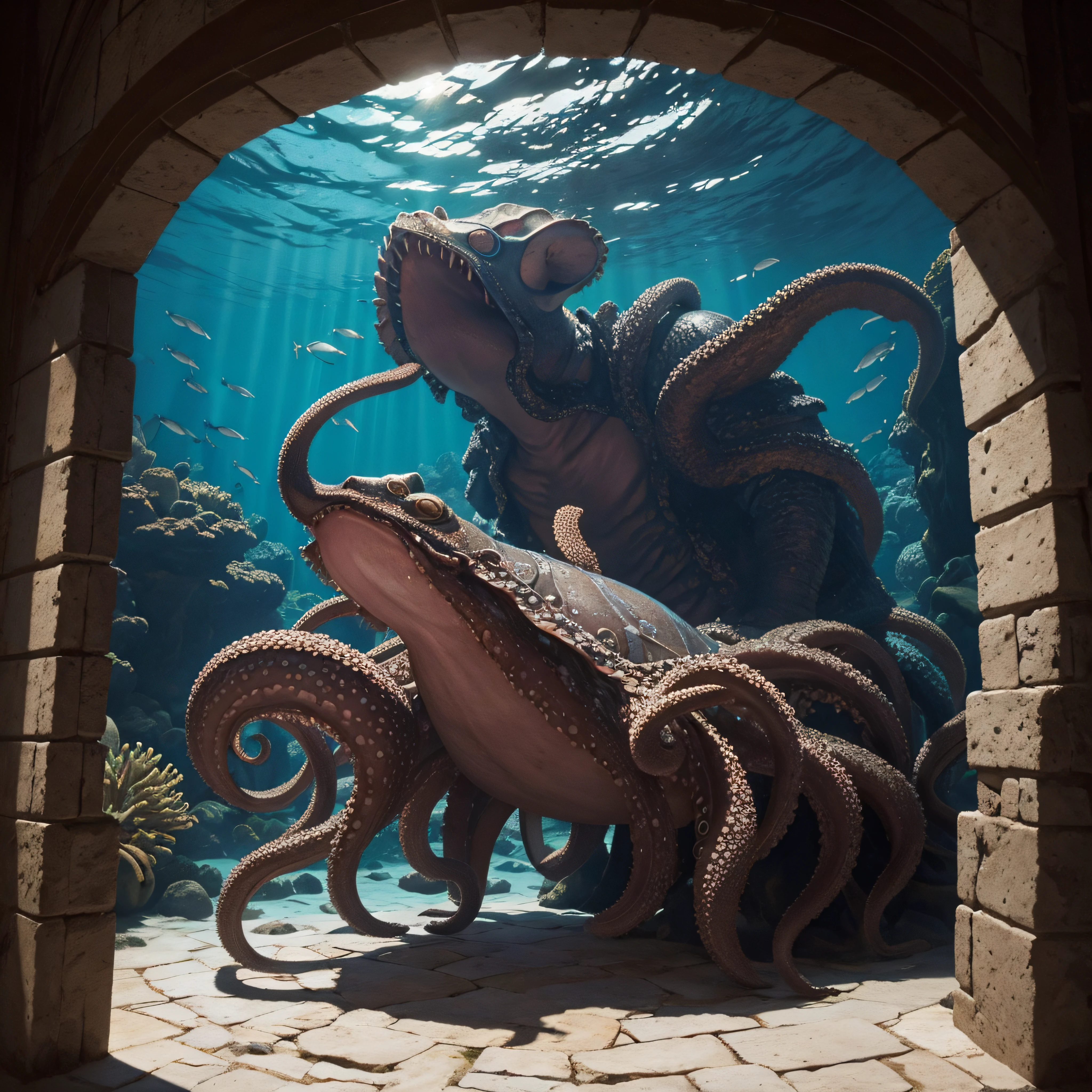 (extremadamente detallado, obra maestra, La mejor calidad, Under the Ocean), Estilo oscuro, volumetric illumination. armadura medieval, rostro con arrugas, lengua larga, tentacle, deforme, imagen submarina vista desde el exterior, pico de pulpo amenazante. manchas de tinta. Rococo composition. Luz de caravaggio