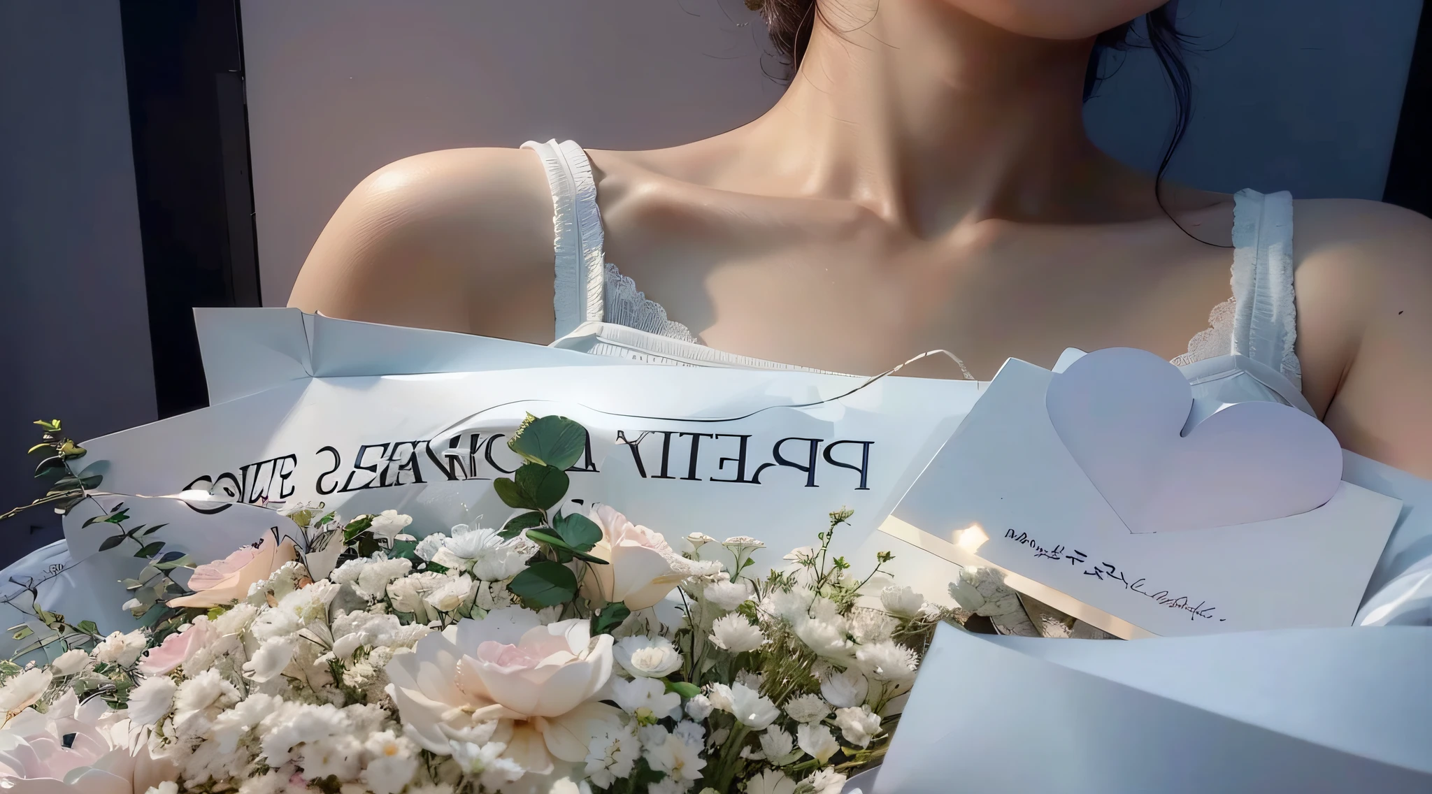 There was a woman holding a bouquet of flowers and a sign, With flowers, Lovely woman, 1 as february), beutifull, Middle metaverse, 🤬 🤮 💕 🎀, candid photo of, surprise, pale milky white porcelain skin, author:Ren Renfa, beautiful aesthetic, wearing white camisole, High quality material BSSRDF