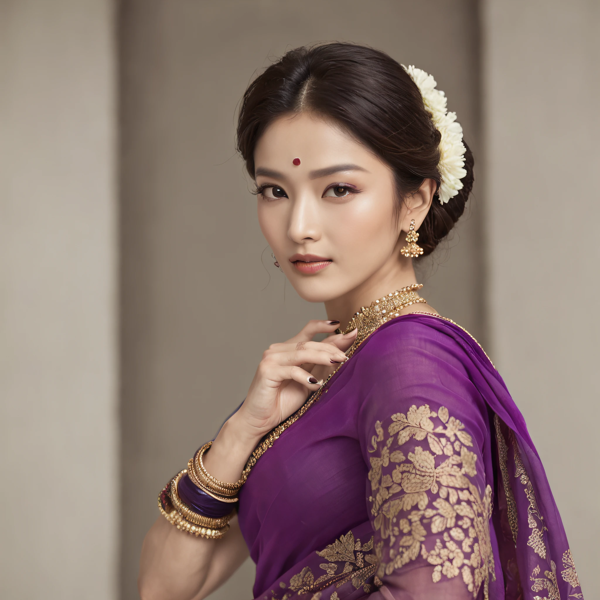 "Korean actresses gracefully adorned in vibrant traditional Indian violet sarees"