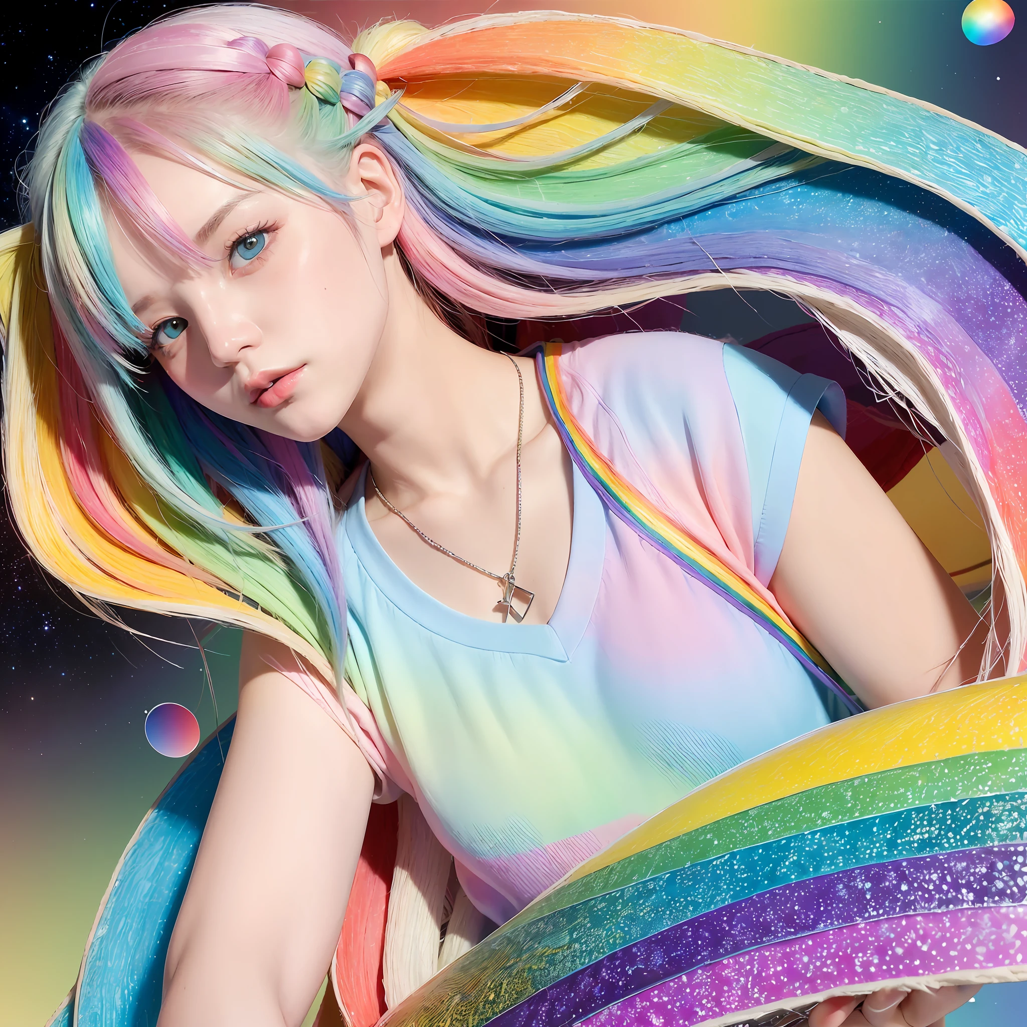 (masterpiece, highest quality, highest quality, watercolor art (pendant), official art, beautiful and aesthetic, (1.2), (1 girl: 1.3), (fractal art: 1.3), full body, star-shaped pupil, , pattern, ((iridescent hair, colorful hair, half blue and half pink hair: 1.2)), (school uniform), colorful, glasses, writing, heterochromia, (colorful: 1.5), ((rainbow sky)), sun, (embarrassed face)