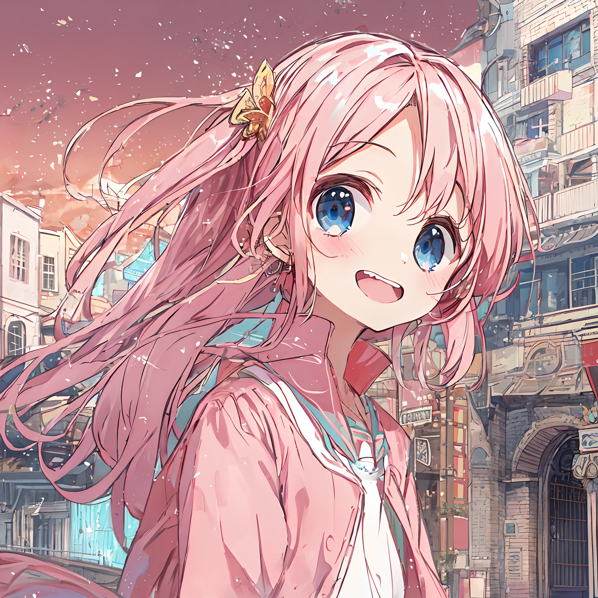 absurderes, hight resolution, (Anime style:1.1), ((masutepiece)), ((Best Quality)), (Ultra-detailed), (Beautiful), 独奏, Beautiful face、(liftup),Cute little girl standing on the street in Mediterranean port city,Wind,Light pink hair, Blue eyes,Very Long Ponytail,student clothes,Blue sky,Laugh,double tooth,Closed eyes,Looking at Viewer,Lens Flare,Dramatic, Coastal、red eyes、(double tooth)