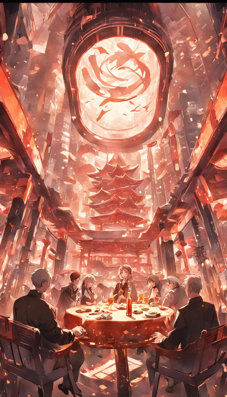Scene of a group of good friends drinking at a long wine table,The wine table extends to the Chinese-style architectural bar in the middle of the picture,Surrounded by modern high-rise buildings,C4D,fisheyelens,Perspective effect,Hyper-detailing,Advertising design