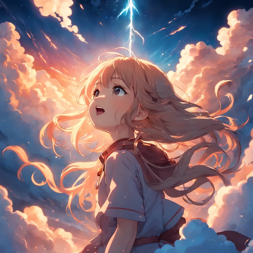 masterpiece, best quality, movie still, 1girl, cloud girl, floating in the sky, close-up, bright, happy, warm soft lighting, sunset, (sparks:0.7)