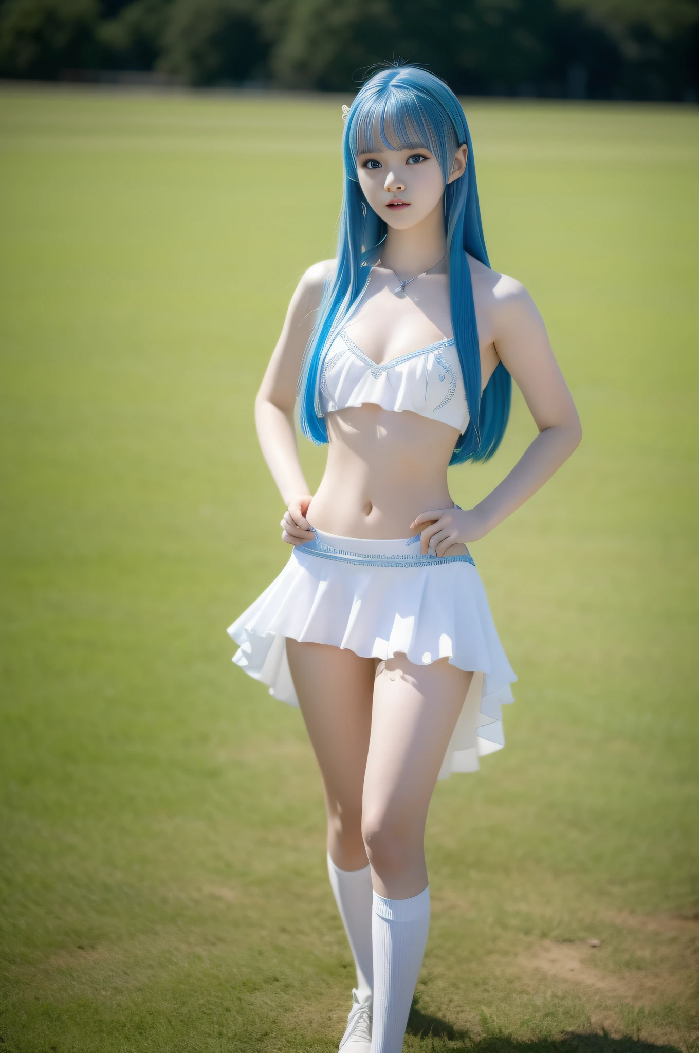"Full body view of 18 years old Kim Chaewon as a young girl in a white sexy revealing fantasy clothes with blue hair. She is standing confidently on a field, with a slight exposure of her midriff and a petite figure. The photo is captured in UHD 4K, exhibiting exquisite details."