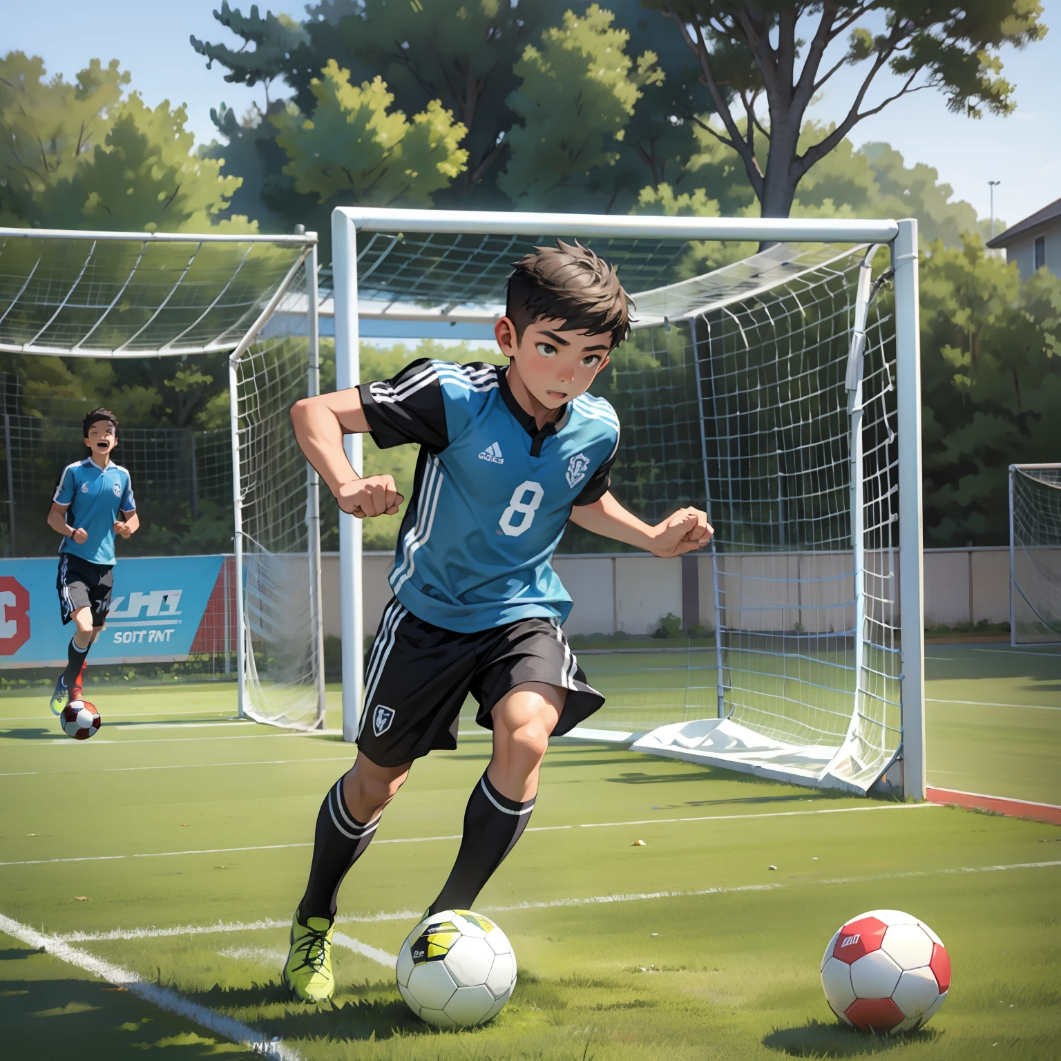 A boy playing football,soccer court,youthfulness,vibrancy