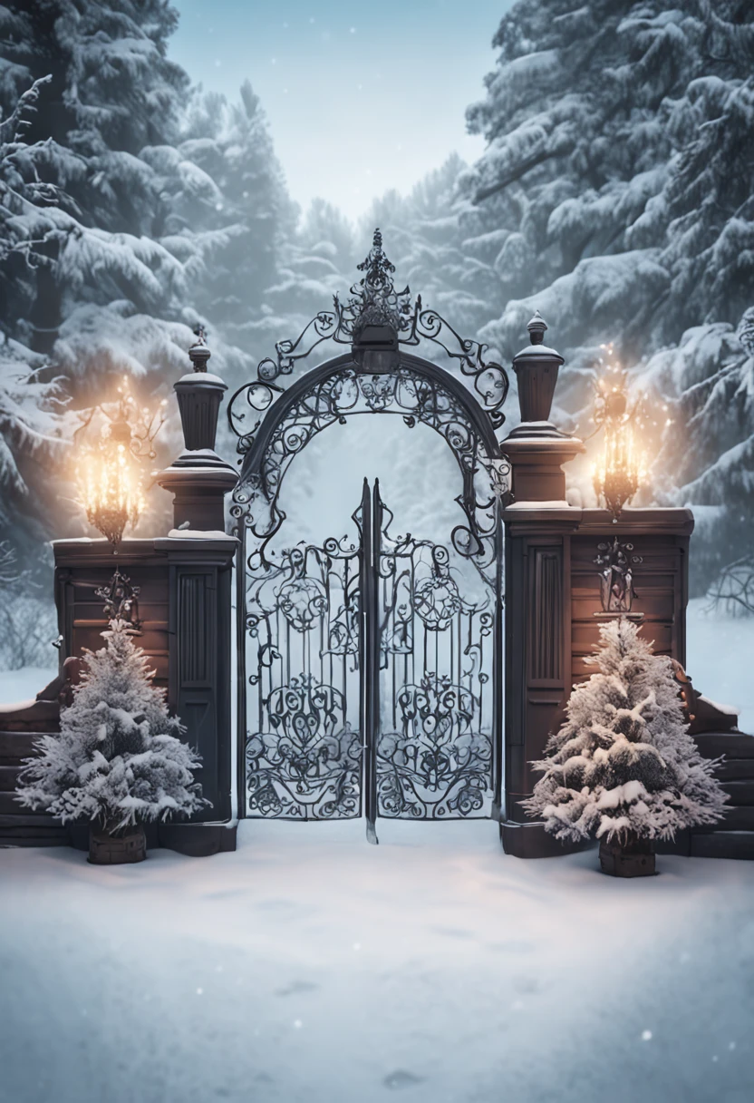 "RAW photo, best,masterpiece, best quality, high quality, extremely detailed,there is an image of a gate to a snowy garden, stunning arcane backdrop, winter scene fantasy, ornate backdrop, baroque style backdrop, ornate and intricate backdrop, dreamy and detailed, a crystal clear street, winter snowy, in winter, winter snowy scene, entrance to the ethereal kingdom, winter princess, ethereal fairytale, winter wonderland, snowy forest,"