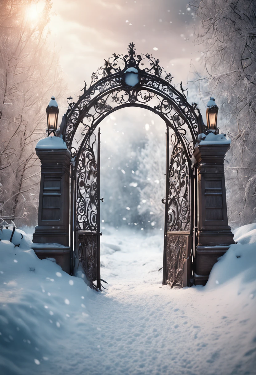 "RAW photo, best,masterpiece, best quality, high quality, extremely detailed,there is an image of a gate to a snowy garden, stunning arcane backdrop, winter scene fantasy, ornate backdrop, baroque style backdrop, ornate and intricate backdrop, dreamy and detailed, a crystal clear street, winter snowy, in winter, winter snowy scene, entrance to the ethereal kingdom, winter princess, ethereal fairytale, winter wonderland, snowy forest,"