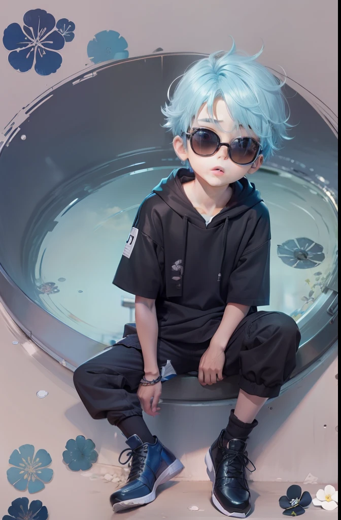 :0,male child、Anime Seinen , blue hairs,Round sunglasses,Black clothes