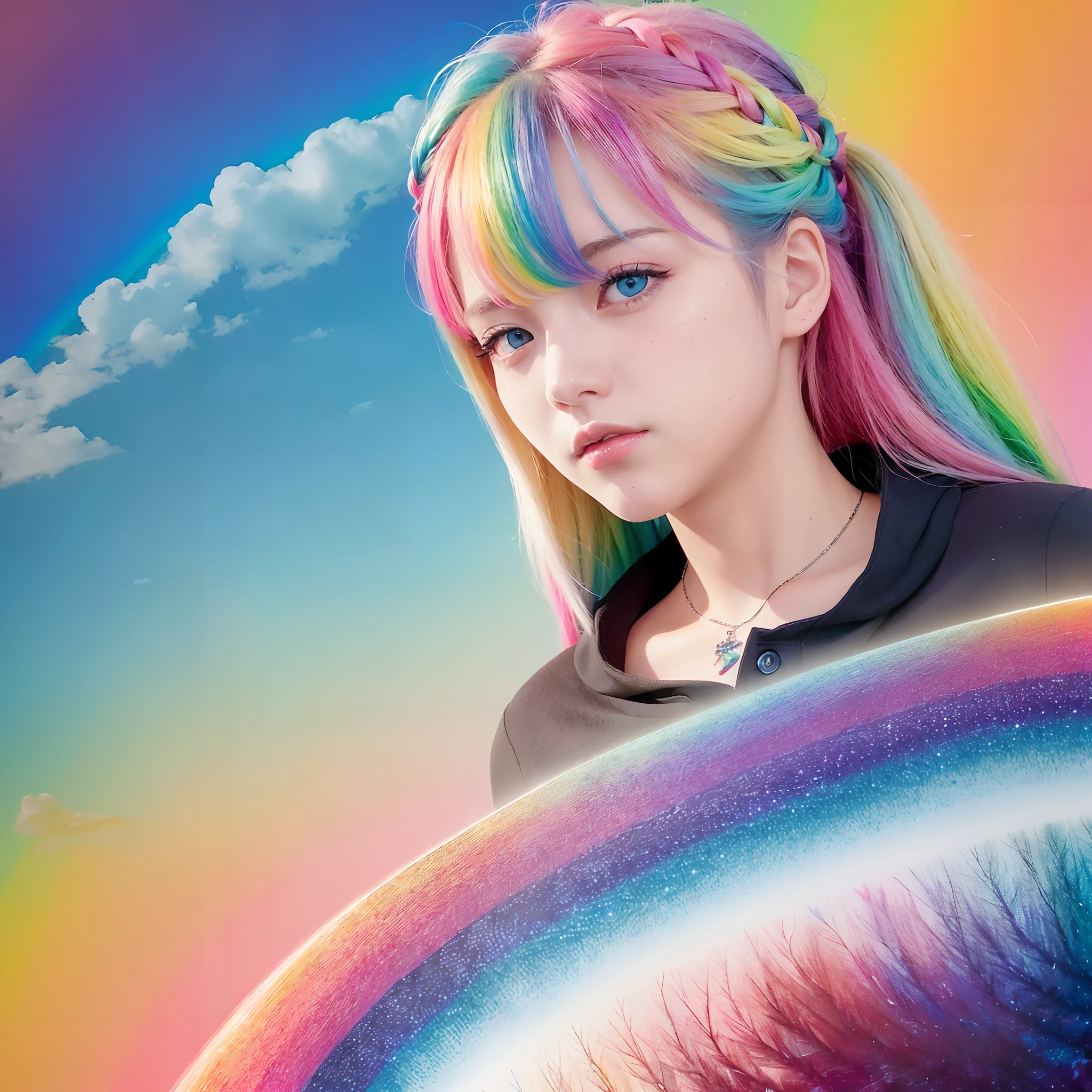 (masterpiece, highest quality, highest quality, watercolor art (pendant), official art, beautiful and aesthetic, (1.2), (1 girl: 1.3), (fractal art: 1.3), full body, star-shaped pupil, , pattern, ((iridescent hair, colorful hair, half blue and half pink hair: 1.2)), (school uniform), colorful, glasses, writing, heterochromia, (colorful: 1.5), ((rainbow sky)), sun, (embarrassed face)