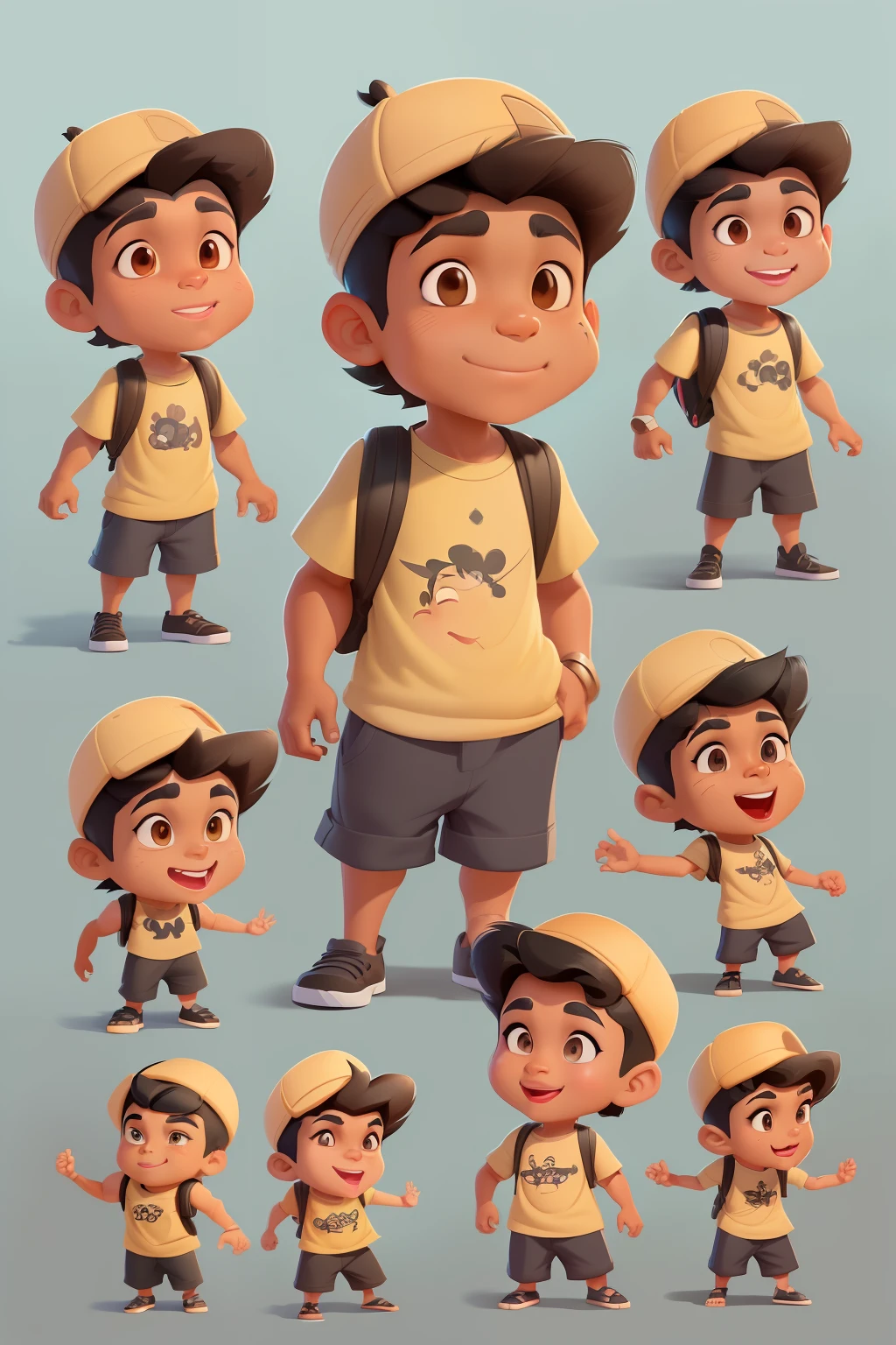 cartoon character of a Maori boy with black hair and black skin, wearing a tshirt shorts cap and a backpack with different poses and poses, cartoon concept art, very stylized character design, stylized character design, highly detailed character design, childrens art in artstation, character design, disney character style, concept art of single boy, animated character design, high quality character design, character exploration, great character design, in style of disney animation, character illustration
