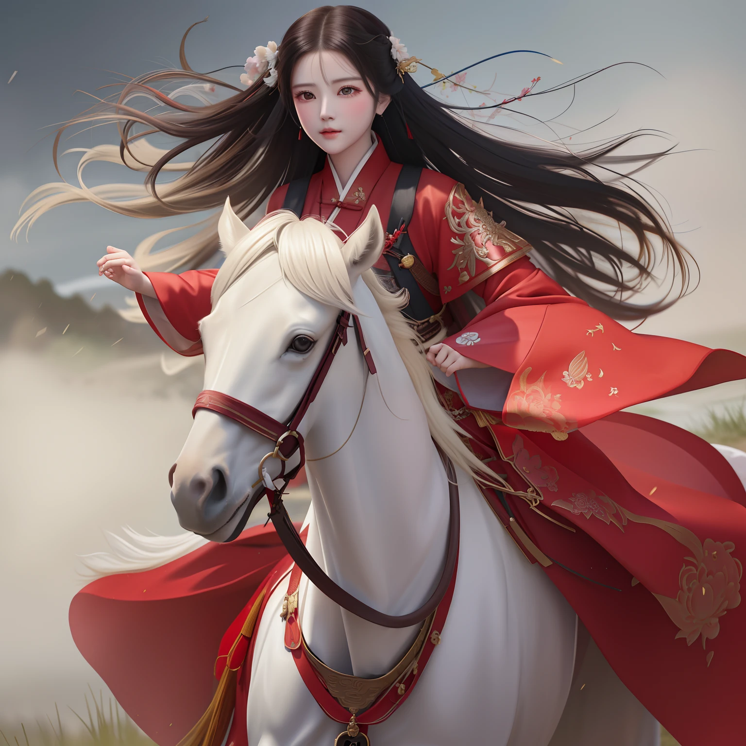 Shuke on horseback, negative space, water sunglasses, female statue, willow branch, (masterpiece, best quality: 1.2), Chinese painting, model style, peaceful, (smiling), looking at viewer, wearing long Hanfu, Hanfu, song, Willow tree in the background, Wuchangshuo, on the top of the mountain
