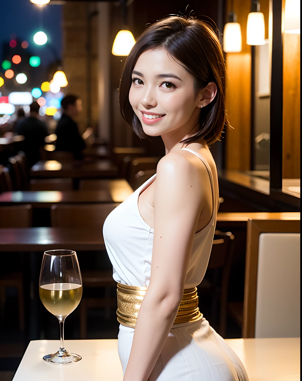 (64K, UHD, top quality, masterpiece: 1.2), (realistic, photorealistic: 1.37), super detailed, pretty woman 1 person, (slim face), (slim body), (brown hair), (short cut), cheeks slightly blushing, (44 years old), 38 years old, solo, beautiful detailed urban night view outside the window, restaurant, wine glasses sit, at night, in a prominent placeNovaFrogStyle, Actress, Model, Waist Up, White Wine, Slim, Wine Glass, Super Clean Night View, Wine Glass Put in the Middle, Happy Smile, (Smile: 1.15), Beautiful Fine Eyes, Upper Body, Bust Japan Up, Night, Short, Short, Actress, Model, Waist Up, White Wine, Slim, Wine Glass, Super Clean Night View, Wine Glass Put in the Middle, Happy Smile,