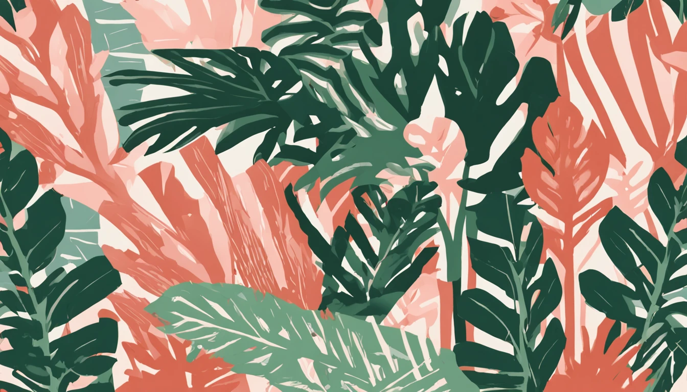 Close-up of a bunch of plant motifs, a digital rendering inspired by Josse Lieferinxe, Tumblr, modernism, textile print, tropical, plants allover, tropical mood, tropical, green and pink fabric, (tropicalism), neutral color neo - fauvism, tropicalism, elegant tropical prints, Melts in a coral pattern, Tropical undertones,Abstract art illustration,Flat design