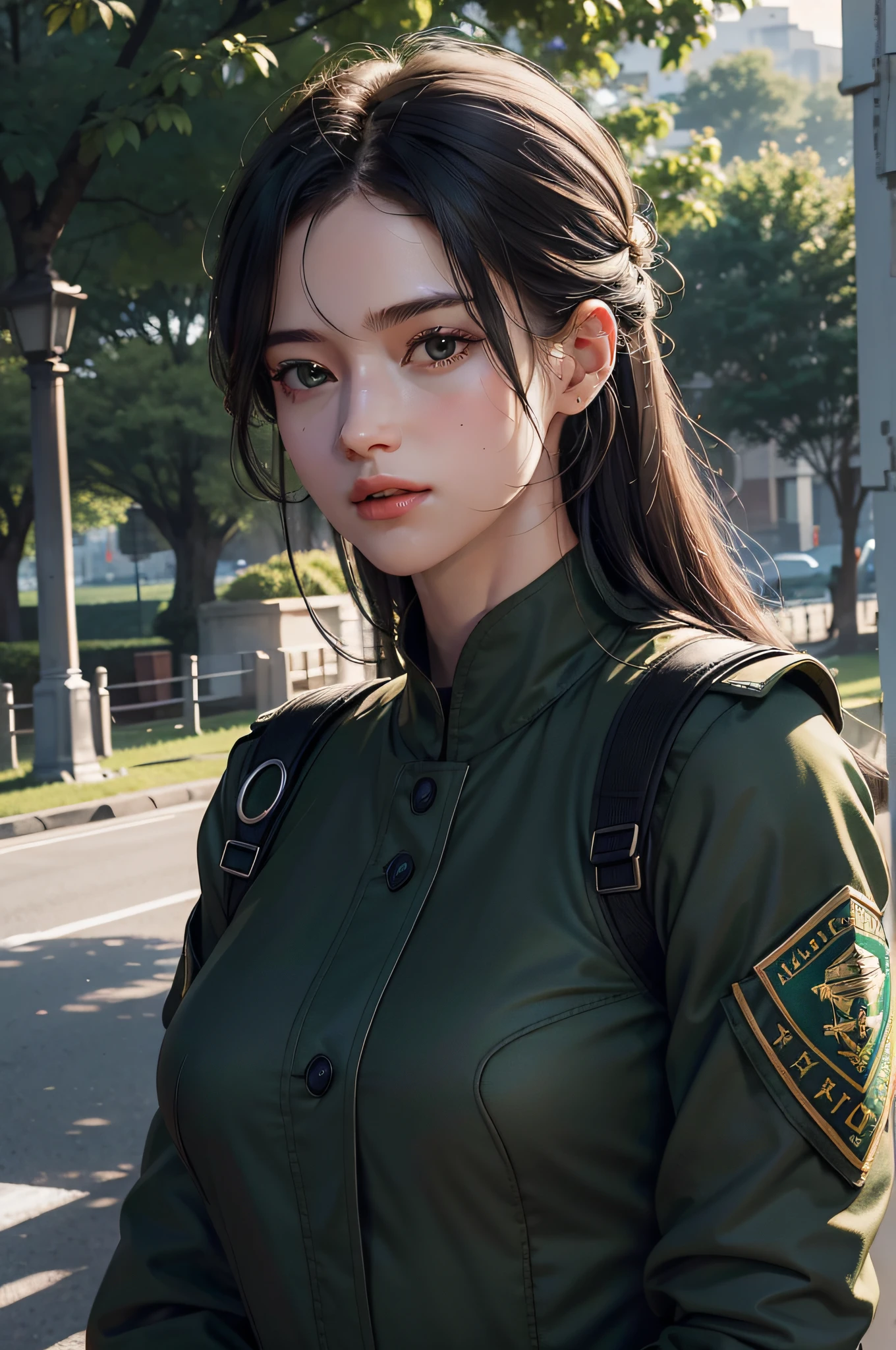 Very detailed CG unity 8K wallpaper，（tmasterpiece），（best qualtiy），（ultra - detailed），（Ultra photo realsisim），（best character detail：1.36），Nikon D750 f / 1.4 55mm，profesional lighting， physically-based renderingt, 1girll, Female soldier，army suit，Dark green military uniform，Fabric texture military uniform，Pure white lining，Dark green tie，Black hair，the golden ratio,[:(com rosto detalhado:1.2):0.2]:,PureErosFace_V1, broad shoulder,(Bigchest:1.5),(big assa:1.5)，Soaked with sweat，red flags，In the square，Splendid scenery，bright sun，upper body photos，Place your hands on your chest