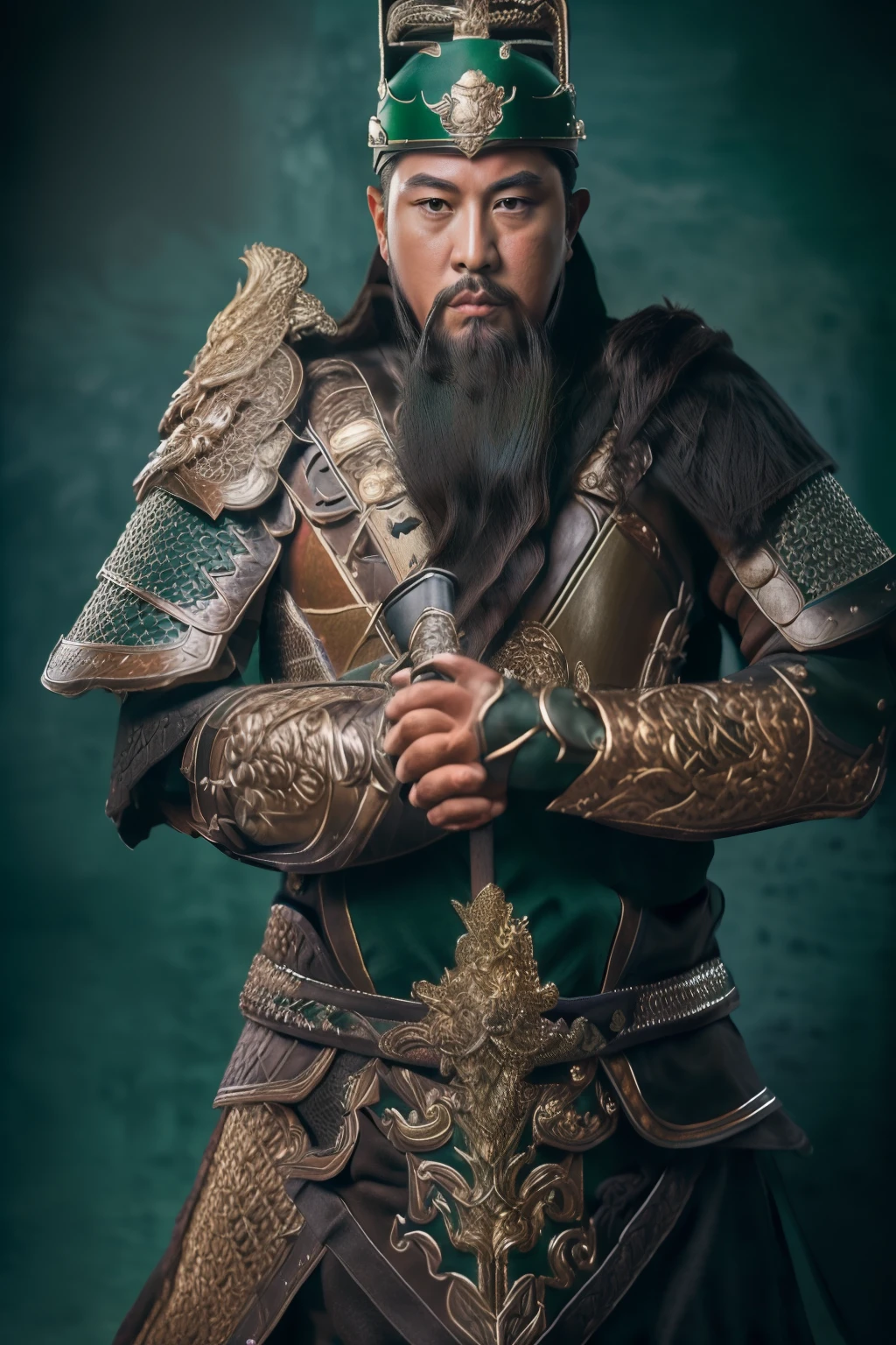 male ,full body ,(green metal armor, metal dragon head on the shoulder, holding sword, (colored skin, ),(long heavy black beard):1.2), (green metal armor with intricate pattern:1.2), gloves, long pants, (insanely detailed, bloom:1.5), (highest quality, concept art, 4k), (analog:1.2), (high sharpness), (detailed pupils:1.1), (painting:1.1), (digital painting:1.1), detailed face and eyes, Masterpiece, best quality, (highly detailed photo:1.1), 8k, photorealistic, (dark hair color, dynamic short hair), (pureerosface_v1:0.2), [:(detailed face:1.2):0.2], sharp, realistic, real shadow, (Chinese castle background:1.2),