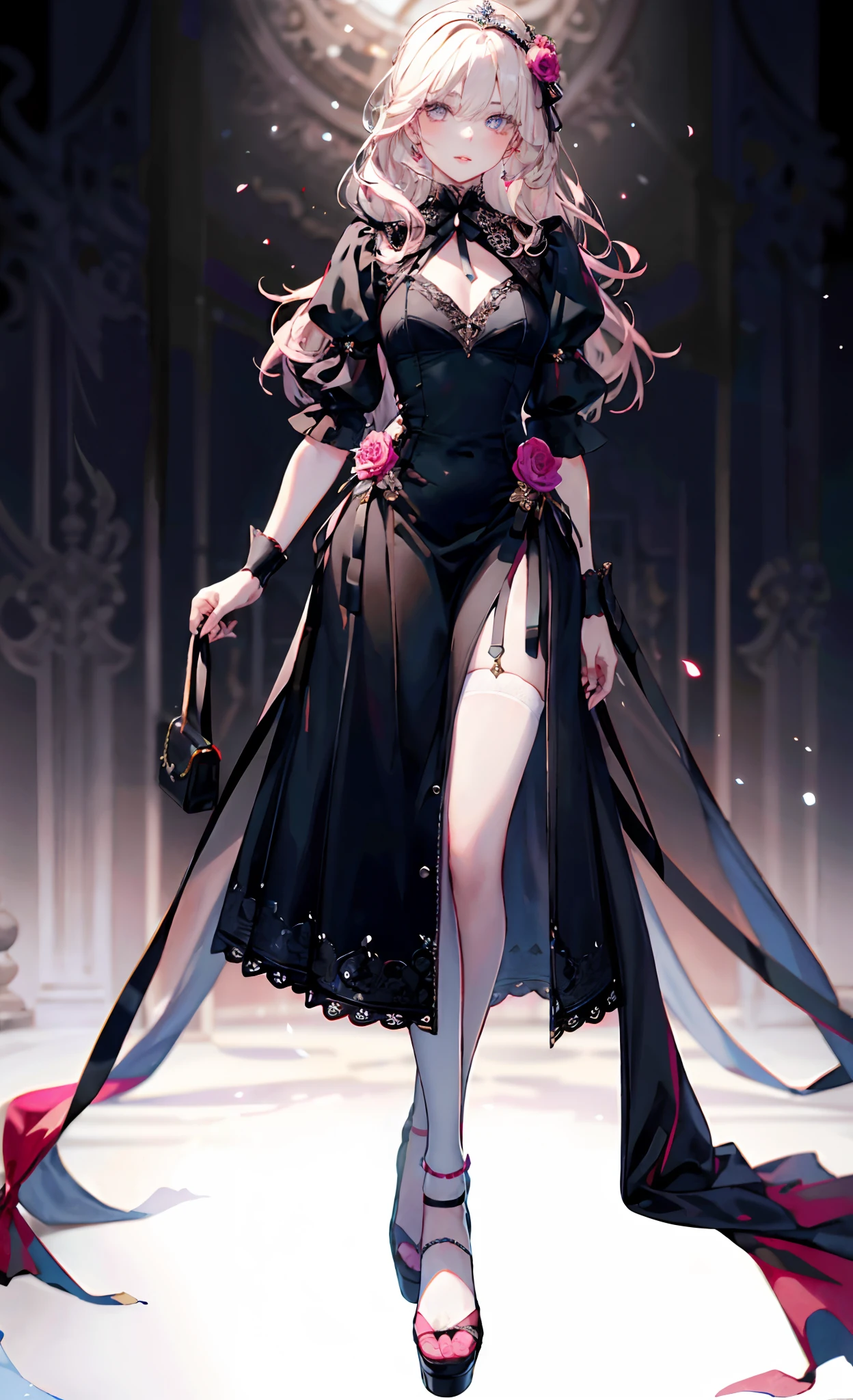 (Complete head:1.9),meticulous portrayal of face,1 noblewoman,a matural female,Black dress long dress,(black lence stockings+),High-heeled ribbon sandals,(Black stocking feet),Pink White Long Hair,Prom background, Perfect body, s the perfect face, perfect hand, Perfect Finger, Perfect lips, perfect eyes, Perfect background