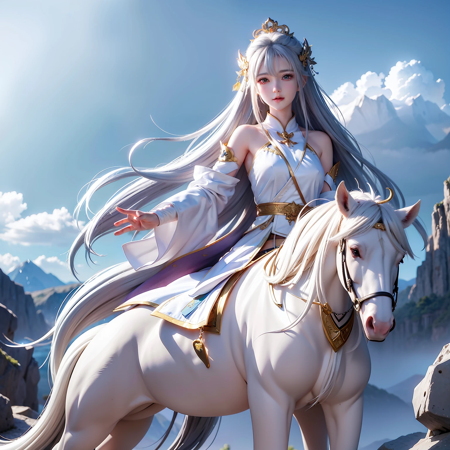Anime girl riding a horse in a mountain landscape with mountains as background, a beautiful fantasy empress, white-haired god, 2. 5 D CGI anime fantasy artwork, by Yang J, trending on cgstation, ((a beautiful fantasy empress)), Artgerm and Atey Ghailan, Ruan Jia and Artgerm, Fantasy art style, Anime fantasy illustration