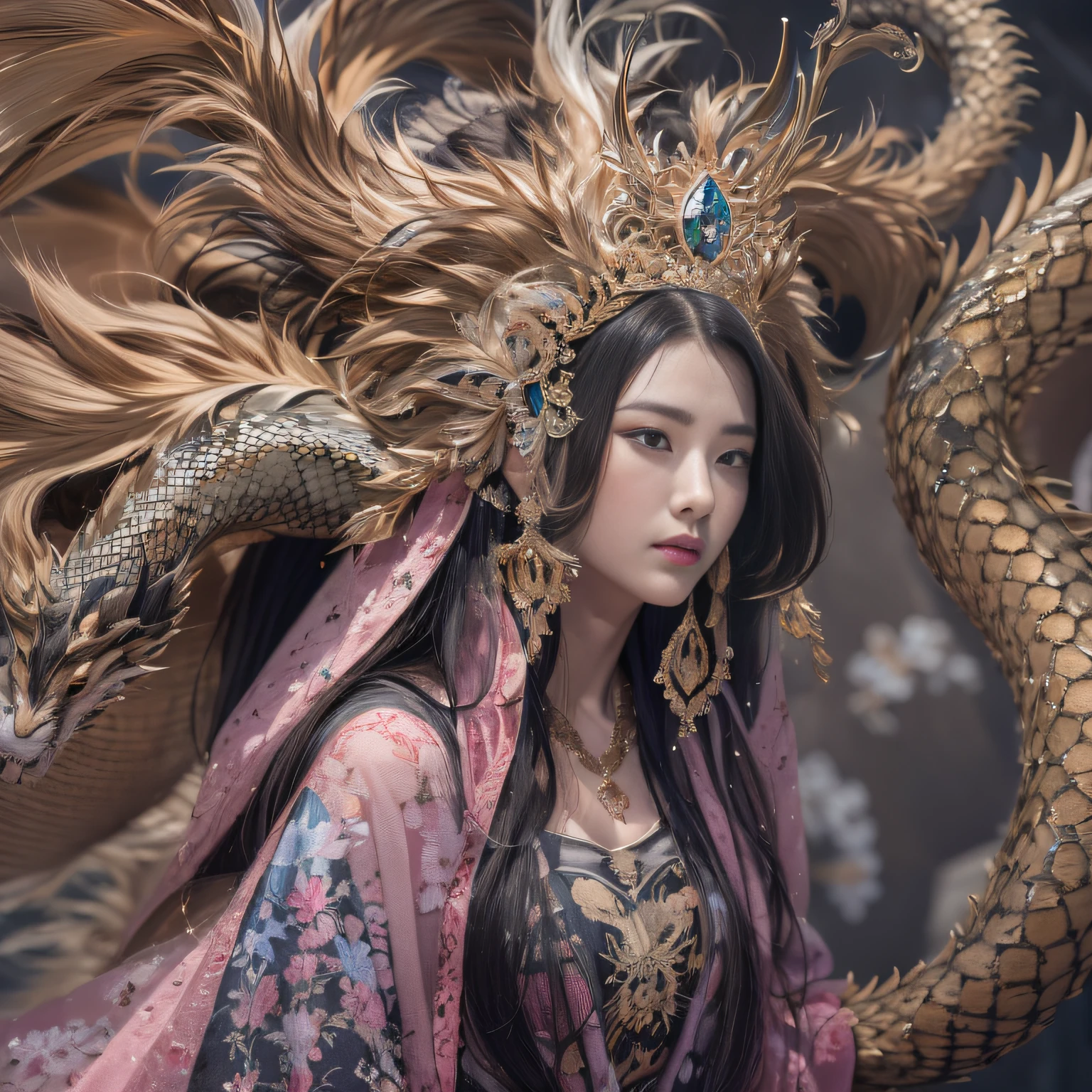 16k（tmasterpiece，k hd，hyper HD，16k）Long flowing black hair，Jewelry quarter in the back room，Brunette King ，Dragon Protector （realisticlying：1.4），Python pattern robe，Purple-pink tiara，Snowflakes fluttering，The background is pure，Hold your head high，Be proud，The nostrils look at people， A high resolution， the detail， RAW photogr， Sharp Re， Nikon D850 Film Stock Photo by Jefferies Lee 4 Kodak Portra 400 Camera F1.6 shots, Rich colors, ultra-realistic vivid textures, Dramatic lighting, Unreal Engine Art Station Trend, cinestir 800，Hold your head high，Be proud，The nostrils look at people