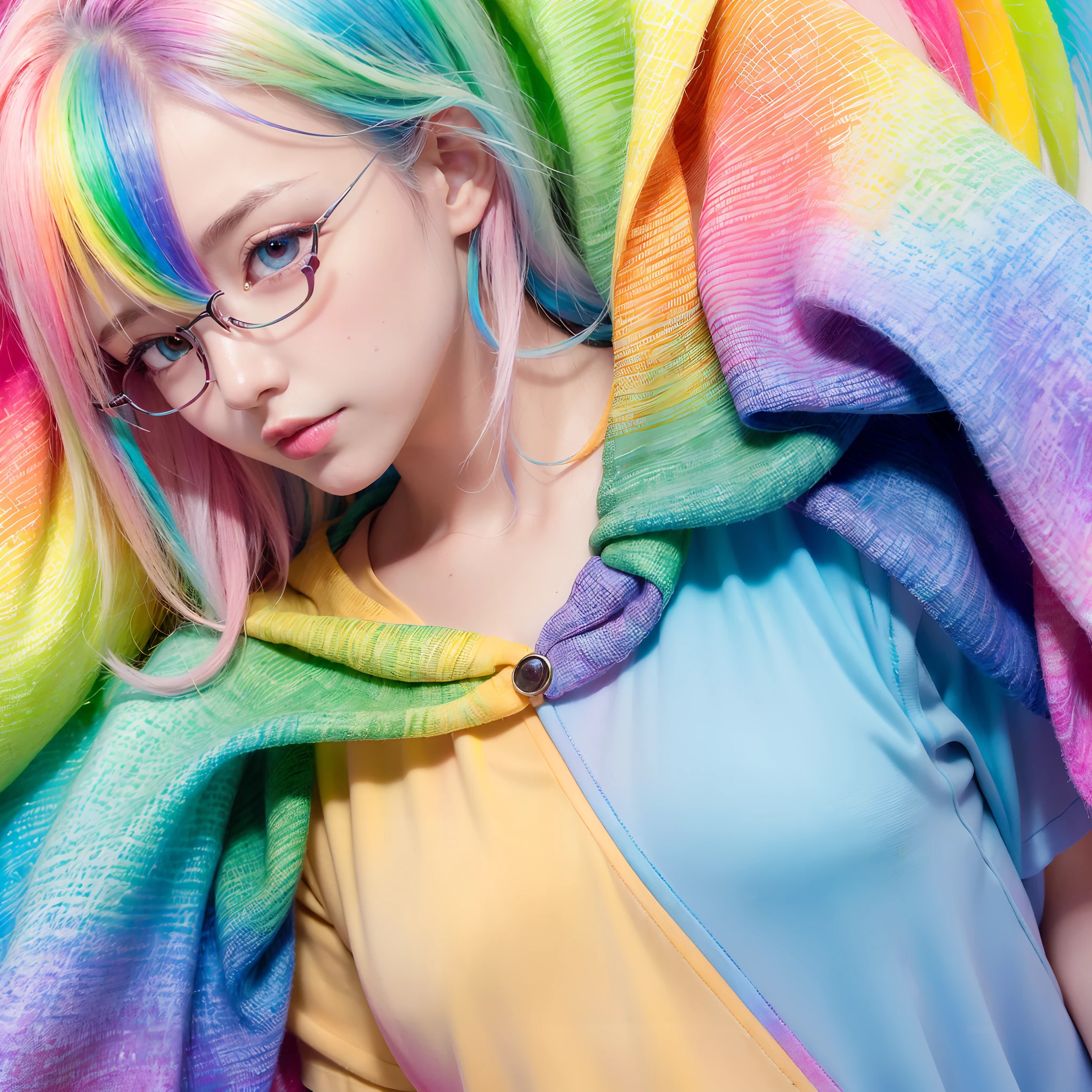(masterpiece, highest quality, highest quality, watercolor art (pendant), official art, beautiful and aesthetic, (1.2), (1 girl: 1.3), (fractal art: 1.3), full body, star-shaped pupil, , pattern, ((iridescent hair, colorful hair, half blue and half pink hair: 1.2)), (school uniform), colorful, glasses, writing, heterochromia, (colorful: 1.5), ((rainbow sky)), sun, (embarrassed face)