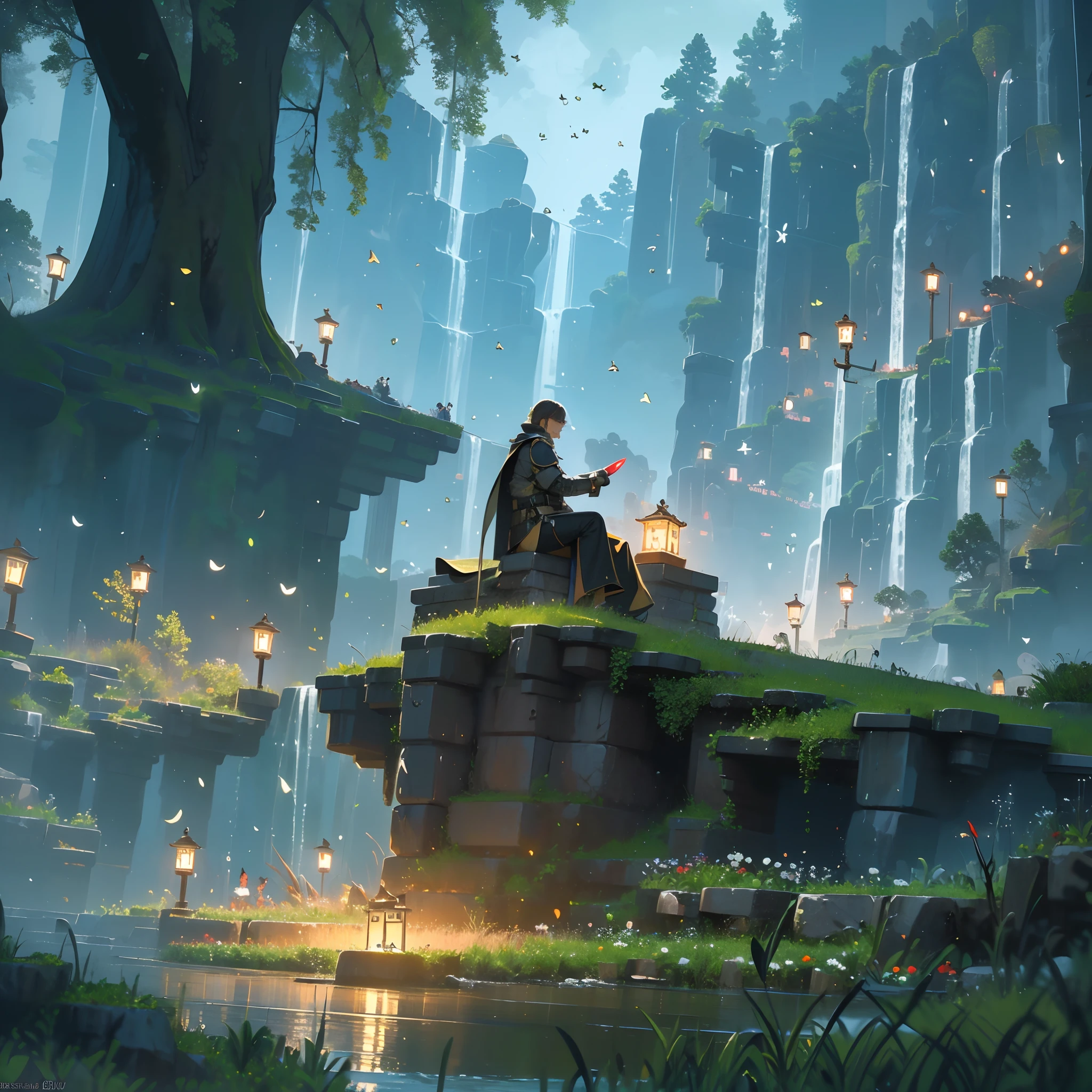 (8k wallpaper:1.2),(Ultra-high resolution:1.2),(masterpiece:1.1),wallpaper,High quality,masterpiece,(High detail),1man, knight armour, relaxed, smiling,resting near a river, surrounded by trees, surrounded by knights, Camp,small group of royal knights,shiny armour, dangerous, Dark, fantasy, highest quality digital art, highest resolution, absolutely stunning art, extremely detailed