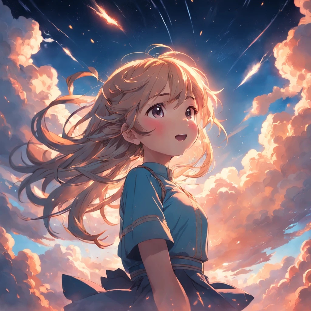 masterpiece, best quality, movie still, 1girl, cloud girl, floating in the sky, close-up, bright, happy, warm soft lighting, sunset, (sparks:0.7)