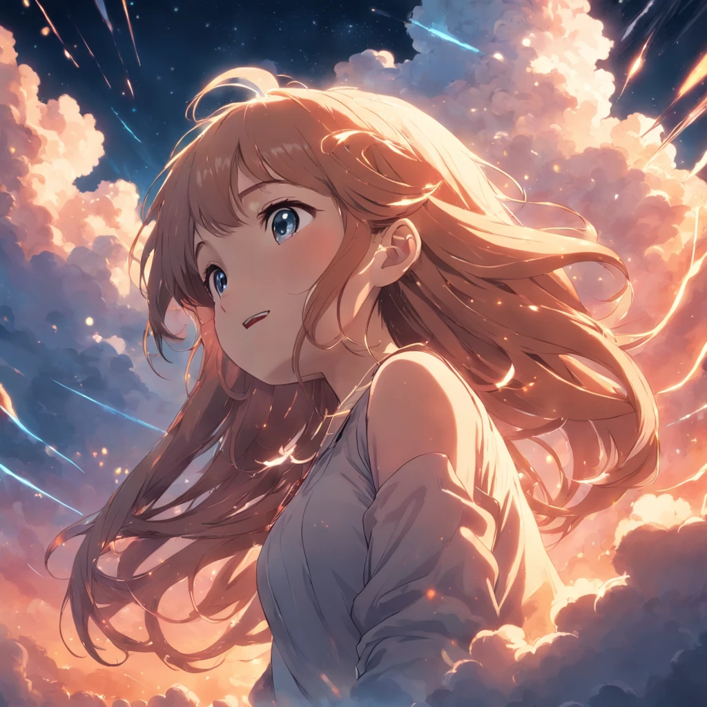 masterpiece, best quality, movie still, 1girl, cloud girl, floating in the sky, close-up, bright, happy, warm soft lighting, sunset, (sparks:0.7)