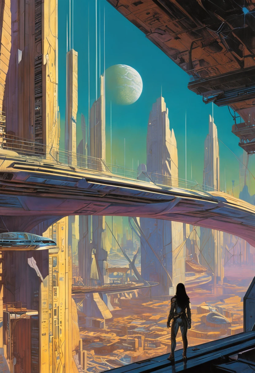 pintura de uma mulher sentada em uma ponte com vista para uma cidade futurista, Bonestell, science fiction art, Directed by: Jim Burns, Syd Mead e Mark Brooks, Michael Whelan e Gustave Done, Dan McPharlin, Wayne Douglas Barlowe, Cidade Marciana, science fiction painting, ONU e Michael Whelan, ancient science fiction art, Science fiction landscape, Barlowe, Michael Whelan Arte