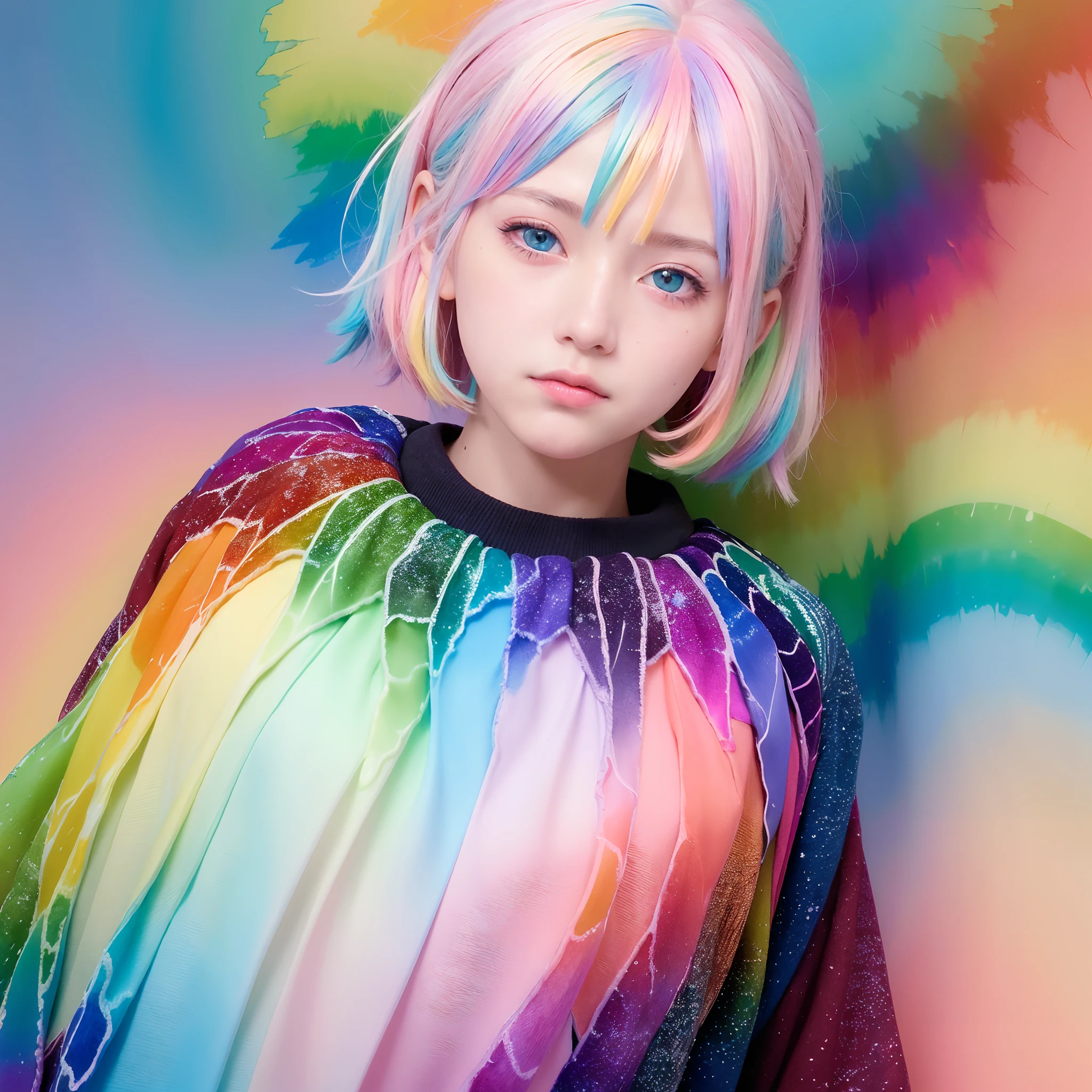 (masterpiece, highest quality, highest quality, watercolor art (pendant), official art, beautiful and aesthetic, (1.2), (1 girl: 1.3), (fractal art: 1.3), full body, star-shaped pupil, , pattern, ((iridescent hair, colorful hair, half blue and half pink hair: 1.2)), (school uniform), colorful, glasses, writing, heterochromia, (colorful: 1.5), ((rainbow sky)), sun, (embarrassed face)