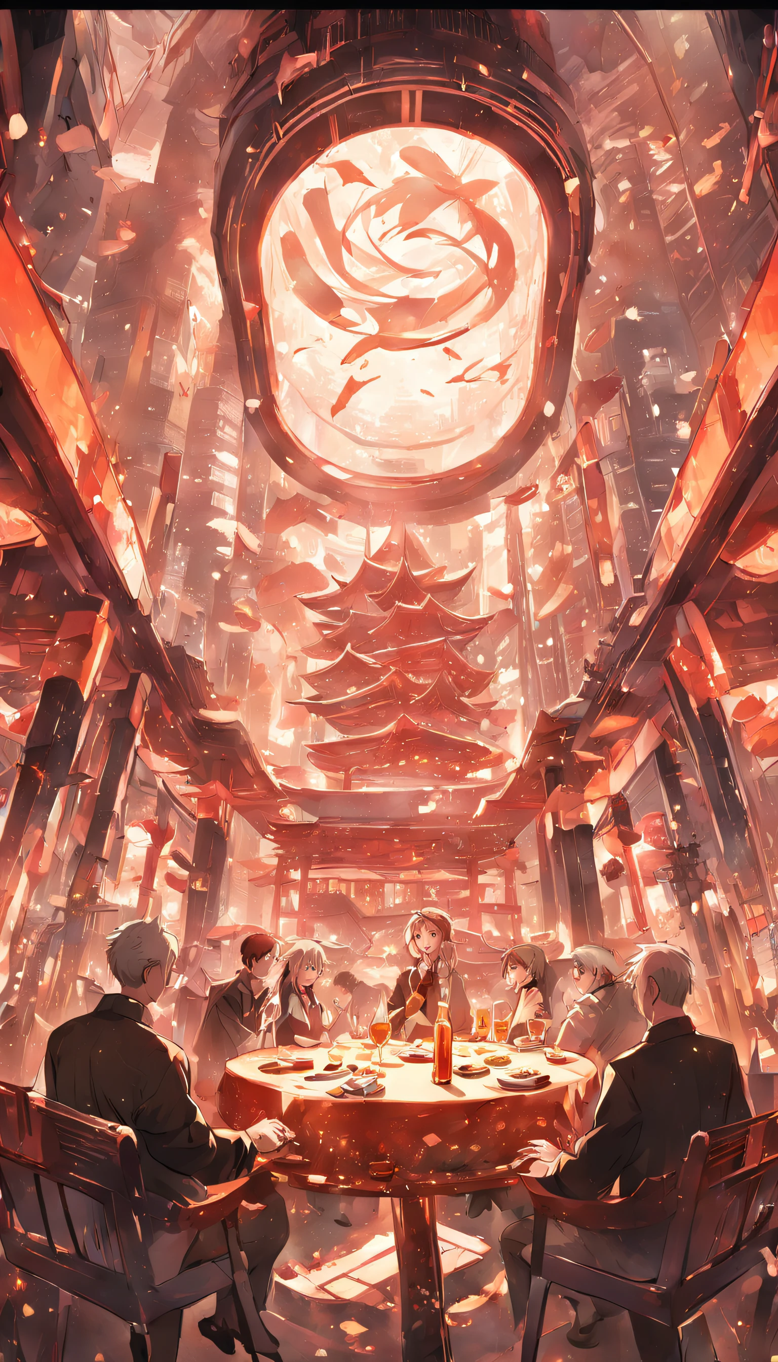 Scene of a group of good friends drinking at a long wine table,The wine table extends to the Chinese-style architectural bar in the middle of the picture,Surrounded by modern high-rise buildings,C4D,fisheyelens,Perspective effect,Hyper-detailing,Advertising design