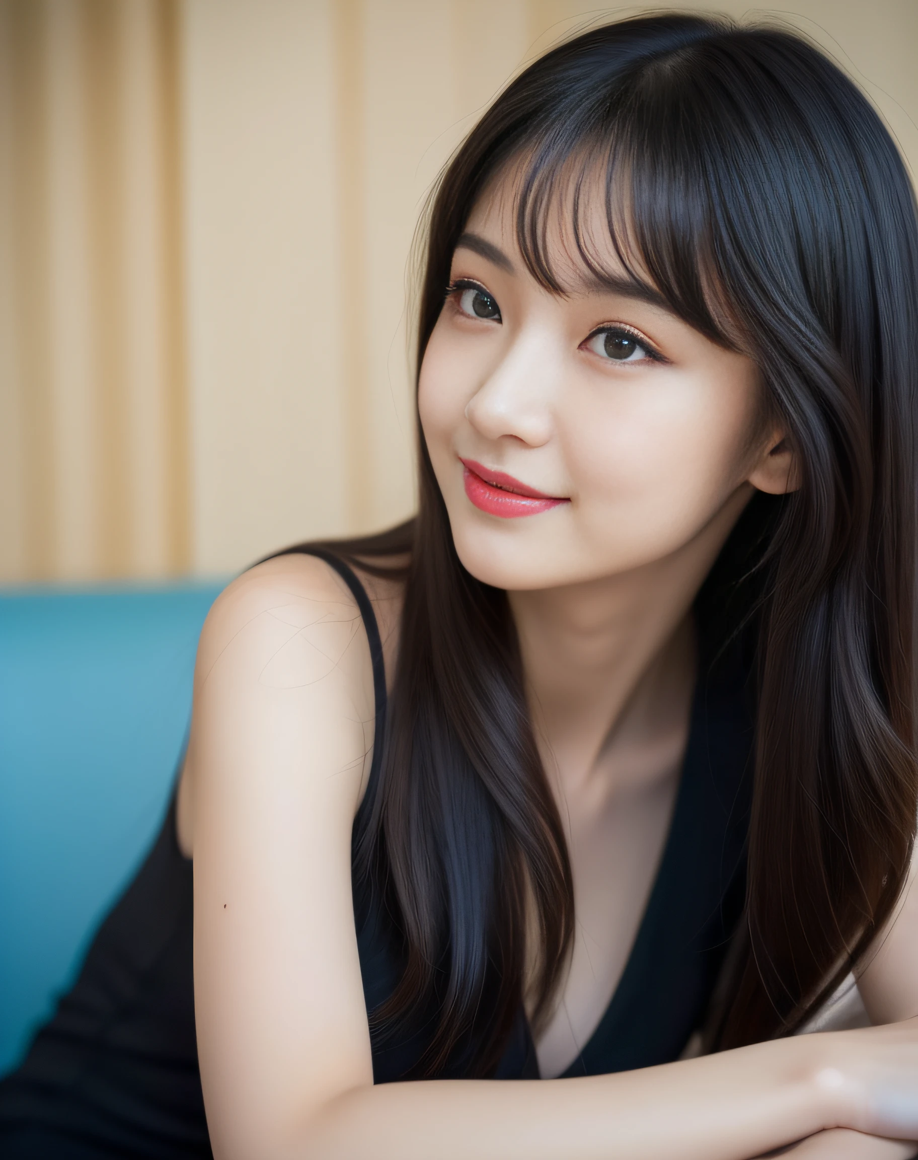 ((best quality, 8K, masterpiece: 1.3)), beautiful girl, pure, melon face, kind and cute, sweet smile, pure desire, slender body, ((looking at camera)), (tilt head), rear view View, marine blue suit, long black silky straight hair, long flowing shoulders, round black big eyes, clear big eyes, moist red lips, sweet, sitting in a hotel chair, hotel background, ((((whole body)))),