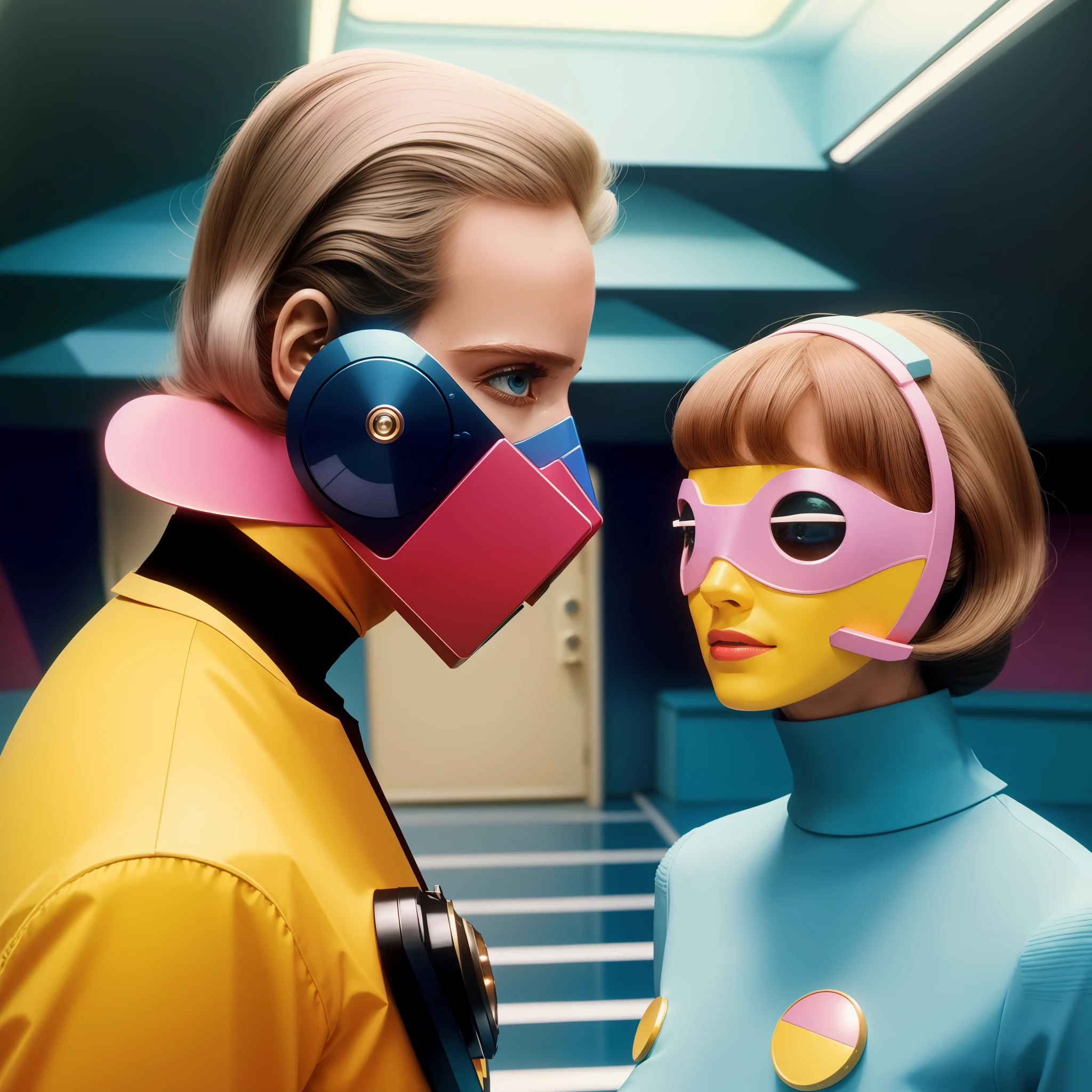 4k image from a 1970s science fiction film, imagem real, Estilo Wes Anderson, pastels colors, a man between two women wearing retro-futuristic fashion clothes and futuristic technological ornaments and devices, Luz Natural, cinemactic, Psicodelia, futurista estranho, retro-futurista,
