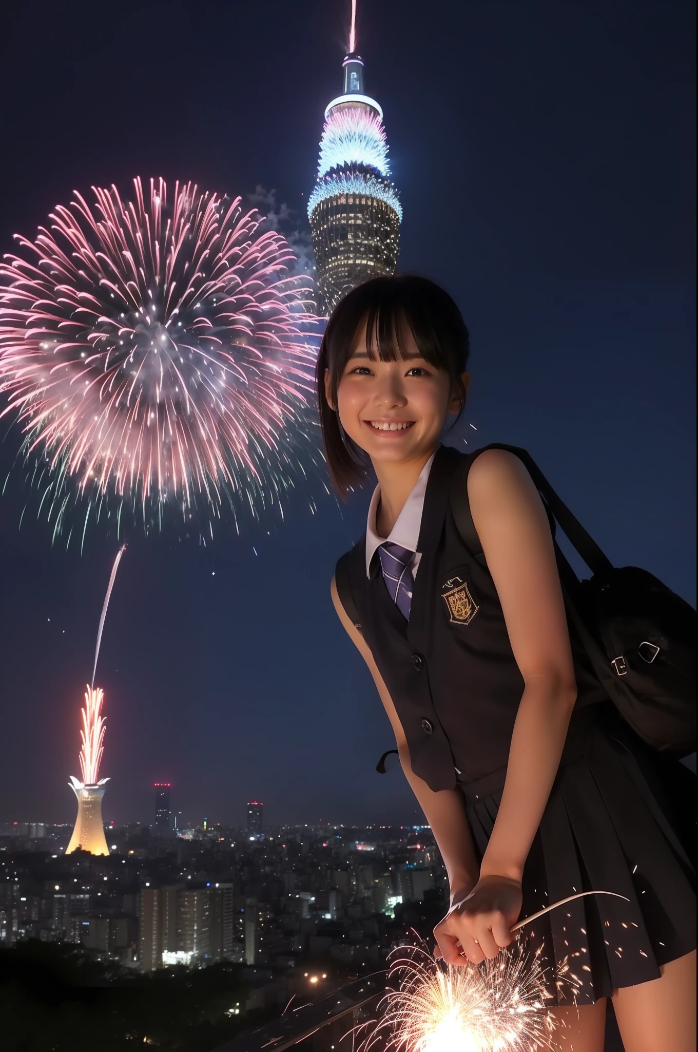 A smile、hi-school girl、校服、While doing fireworks、mare、Tokyo Skytree