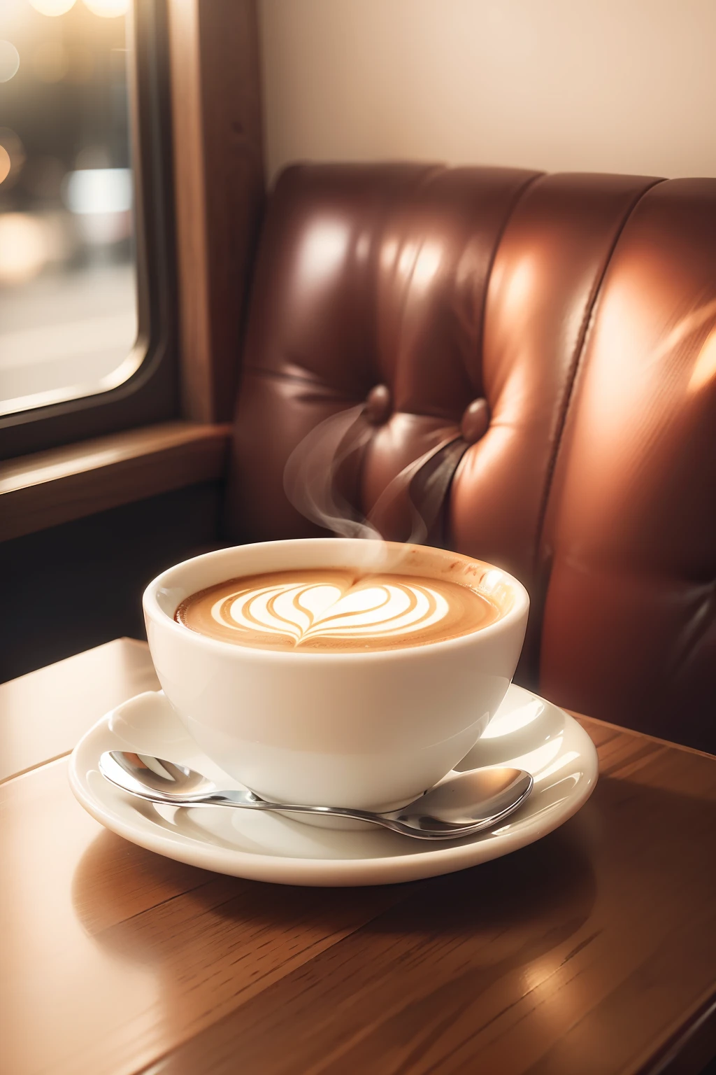 there is a cup of coffee on a saucer with a book, sitting on a mocha-colored table, cozy cafe background, cup of coffee, morning coffee, in a coffee shop, portrait shot, cappuccino, enjoying coffee at a coffee shop