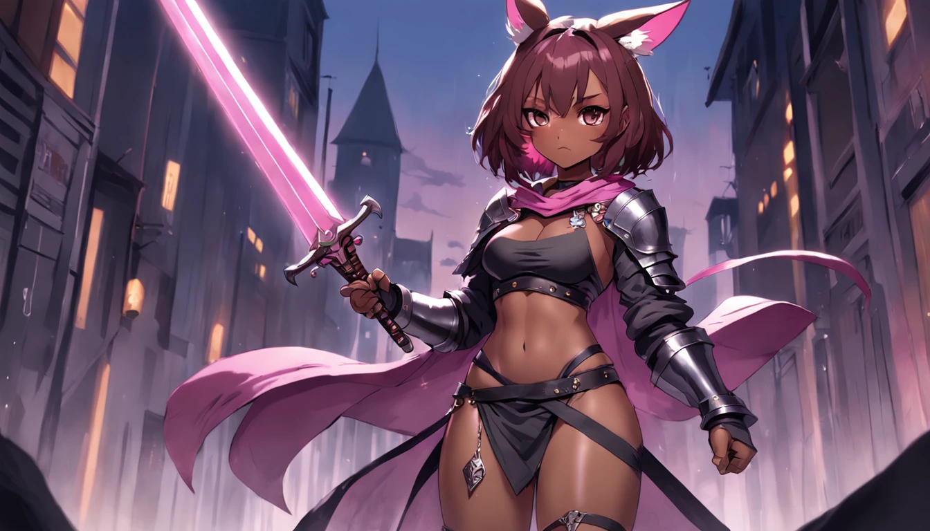 Brown-skinned girl. Her figure, Busty, Curvy, The right direction, Bunny ears, Cat tail, Magenta hair color, Deep magenta eyes, Brown skin, Sword in hand, A large ragged cloth like a cloak was wrapped around the waist, chest plate, long gloves, Black long-sleeved shirt under armor, chest plate, Hoodie, Properly drawn sword, Magic Sword, A cloth is wrapped around the waist, Properly drawn sword in hand, Cat ears, Cat tail digital painting, Digital illustration, Extreme detail, Digital art, Knight armor, Loose puff pants, Metal shoes, fully armoured. A cloth is wrapped around the waist. Hands holding a sword. Loose puff pants.