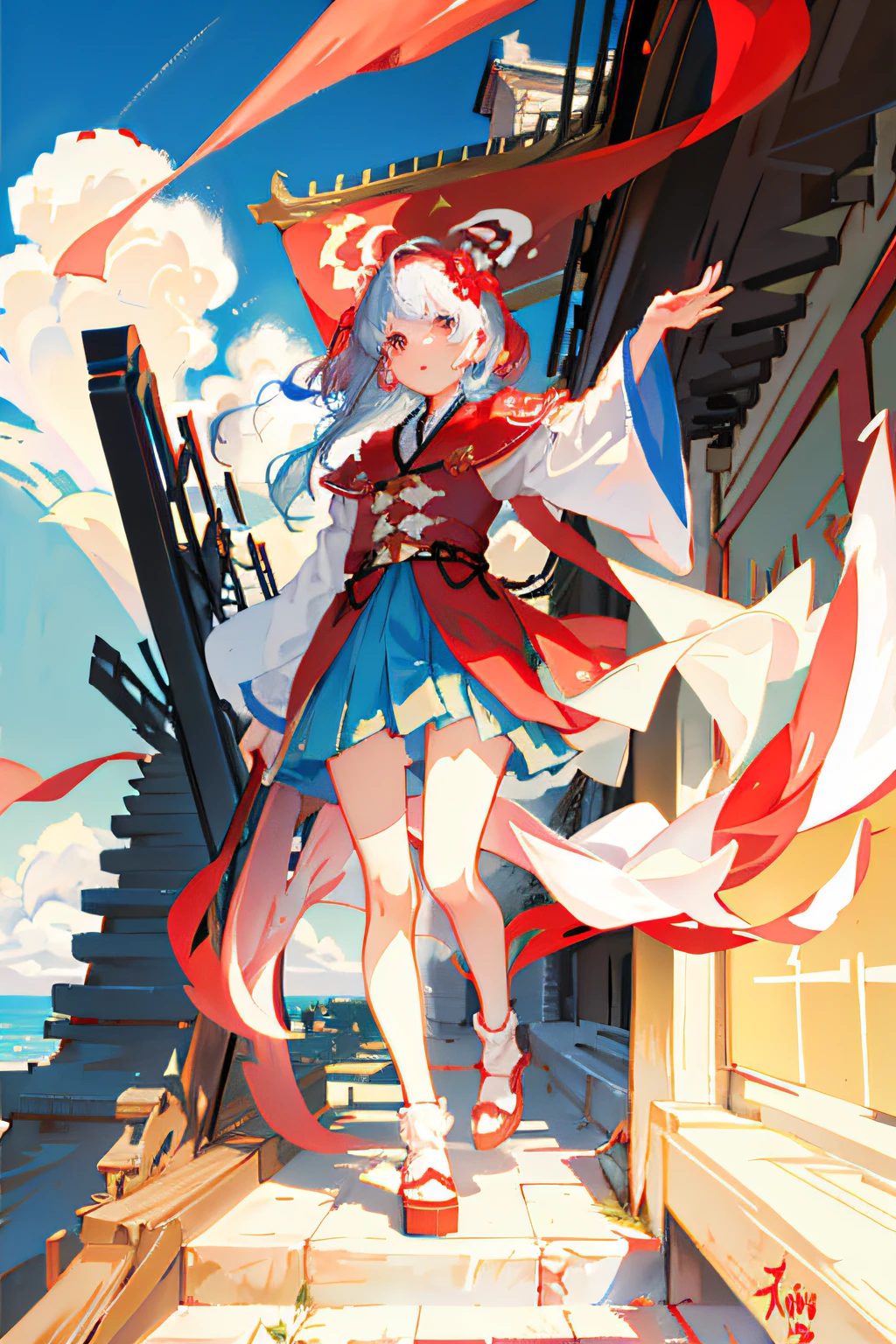 with blue sky and white clouds，Sunlight shines through the clouds，Irradiated to the ground，China's five-star red flag，A girl in Hanfu，Chinese Ancient Architecture