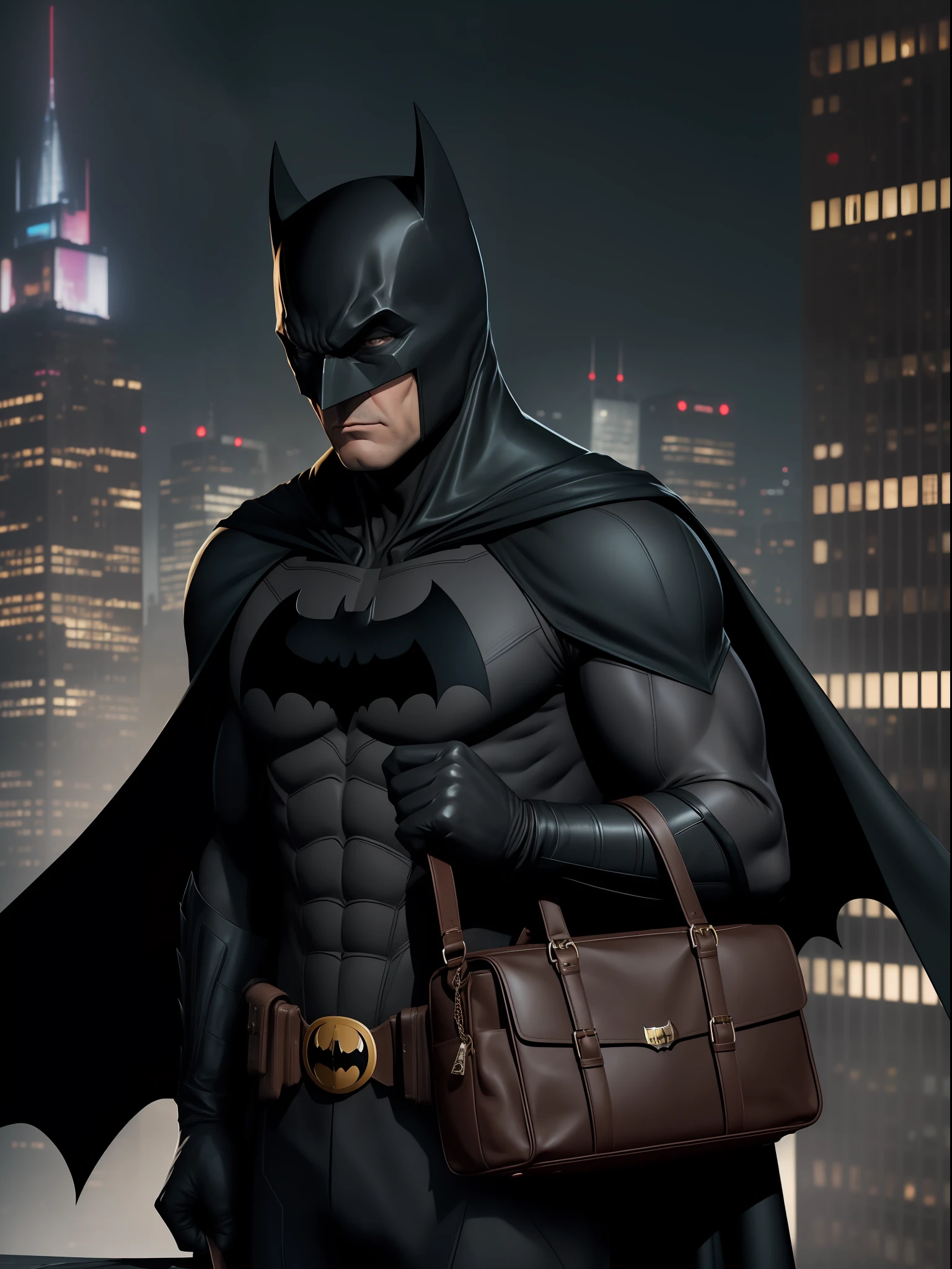 Close-up, Batman confidently stands atop the towering buildings of Gotham City, displaying his unparalleled vigilante abilities. Gripping a mysterious brown handbag in his hands, he meticulously examines its contents.