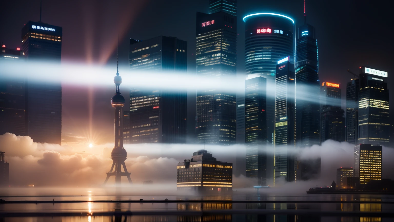 verism style，real photograph，（photore：2），Tall structures，megabuildings，fog atmosphere，rays of sunshine，Densely packed neon spots，In front of you is the river，Shanghai Oriental Pearl，Rich layers，Highly meticulous，Rich in detail，Excellent quality
