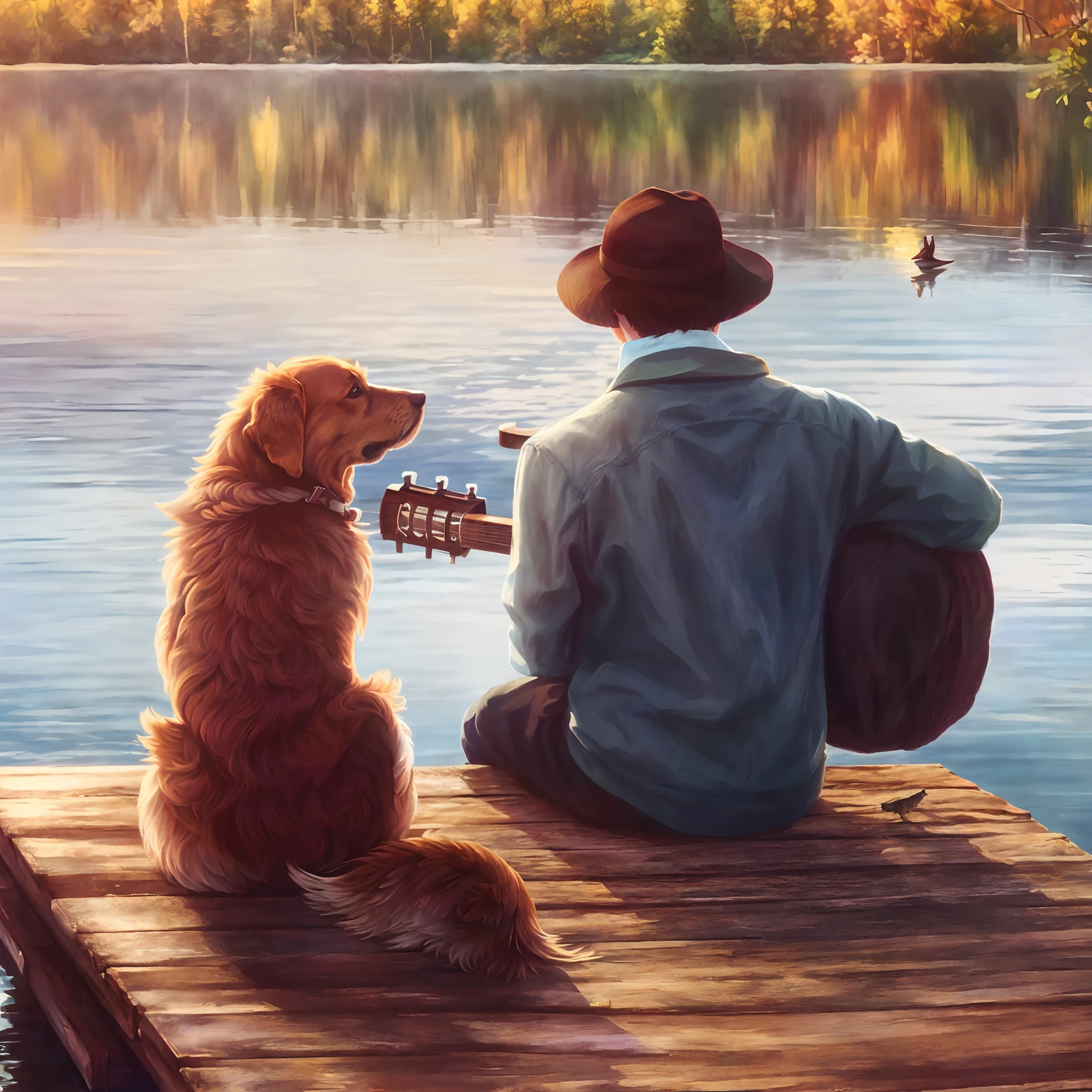 Drawing a man and his dog sitting on a dock playing guitar, Beautiful digital artwork, Detailed art, Relaxing concept art, beautiful painting of friends, highly detailed digital painting, beautiful digital painting, A beautiful artwork illustration, lovely digital painting, digital painting highly detailed, background artwork, Beautiful digital illustration, afternoon hangout, high quality digital painting, Beautiful artwork