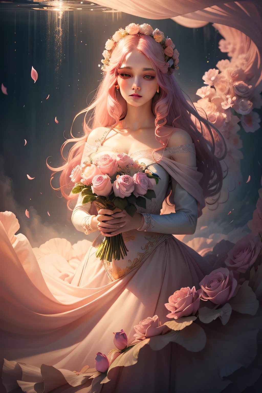 Fancy elegant plant rose floral minimalism with a wave of flowers garden flowers floating in a soft misty pink, water, Soft apricot, Fractals of massive smoke and realistic flowers, rendering by octane, Josephine Wall Art, isabelle menin, jane, Amy brown