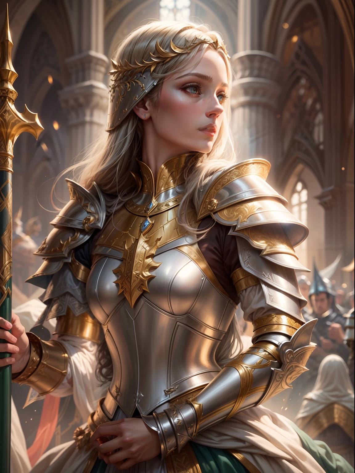 Look from the bottom up，low  angle shot，1 Female knight，Ride a white horse,highly detailed portrait，Wear silver armor，shelmet，epee，big sword，Cross sword，sword，Silvertone，holy rays，god light，medieval times，Noble，setia，Servant of Jesus，Solemn，Gold accents，epic fantasy digital art，devout，anatomy correct, (Exquisite helmet)，Gold armor，Delicate pattern，Victorian style，Inspiration came from Guinevere，author:John Collier， Clean colors,Golden space, Soft lighting, ( Bokeh)，Masterpiece, Super detailed, Epic composition, Highest quality, 8K，tmasterpiece，high definition resolution，Detailed detail drawing，high qulity，Inspiration came from Guinevere，author:John Collier，detailed fantasy art, Fantasy cosplay portrait, Fantasy art Behance