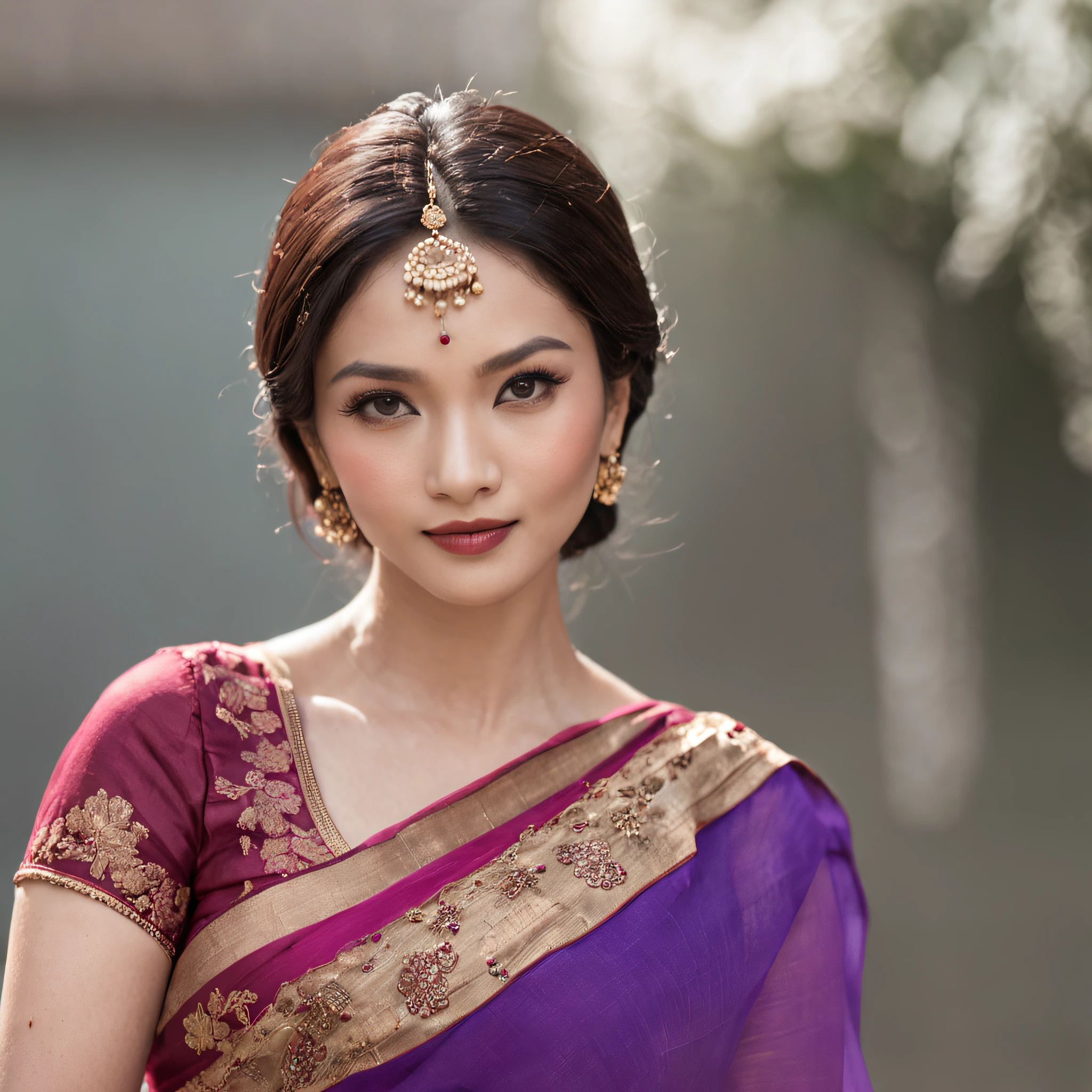 "Chinese actresses gracefully adorned in vibrant traditional Indian violet sarees"