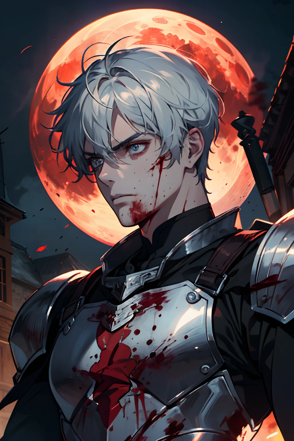 masterpiece, (dark:1.4), 1man, sword, tall handsome man, royal knight, short silver hair, silver armor deep shadow, darkness, (under the moonlight, blood moon:1.3), award winning photo, extremely detailed, amazing, fine detail, absurdres, extremely detailed eyes and face, from below view, full armored body focus, intimidating look,