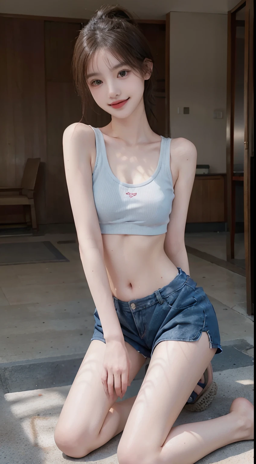 A girl, kneeling on the playground after school, ((full body visible)), far away from viewer.
She is a beautiful, pretty, adorable, cute, young, .
She is slim, slender, petite, skinny, (flat chest), (tiny boobs), (small breasts).
She is sweating, wet, soaked. Clothes transparent, sweat on skin, wet hair.
She is grinning, smiling. She looks natural, relaxed, unpretentious.
Trickery face. Making funny faces. (Tongue sticking out), telling a secret, hiding a secret, shy, excited.
She stares, looking at viewer.
She has a black ponytail.
She wears school uniform, a rolled-up white shirt with blue collar, a colored Corduroy sport bra under shirt, blue shorts, wearing two layers.
shirtlift, . (((She lifts up her shirt, showing off her sports bra underneath))).
Camera focused on her face, light on face, very large aperture, ((f/1.2)), shallow depth-of-field, strong background lens blur, ISO 3000, auto white balance,
Extremely detailed, professional lighting, soft light, raw photo, fashion model for uniqlo,
best quality, masterpiece, award-winning photography, huge filesize, 8k, highres,
shot on Sony DSLR.