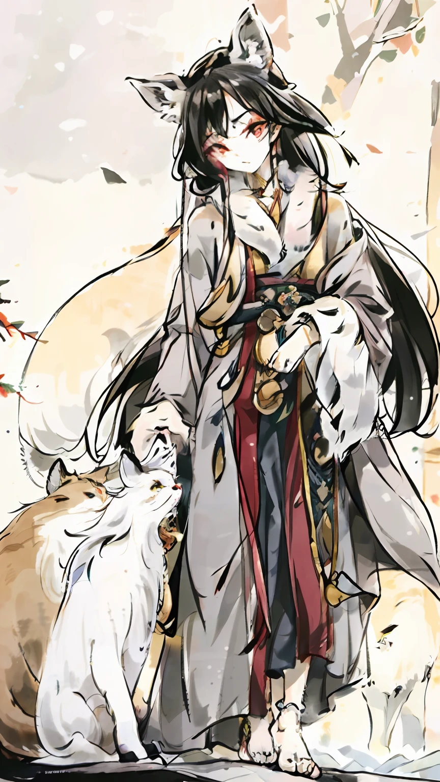 (Best picture quality),(tmasterpiece),,(((solo person))),(ultra - detailed),(Male arctic fox:1.5), (Light gray skin:1.3), (pale gray fur:1.3),((Golden pupils)),Red eyeliner, ((Canine paws)), ((Gray paws)),(grey ears),Sharp focus,(The furry feeling of animal ears),Wearing a black magician's robe,magnificent robe,Wearing a magic hat,Stand on the streets of the Middle Ages,Detailed characters,detailedbackground,The barefoot