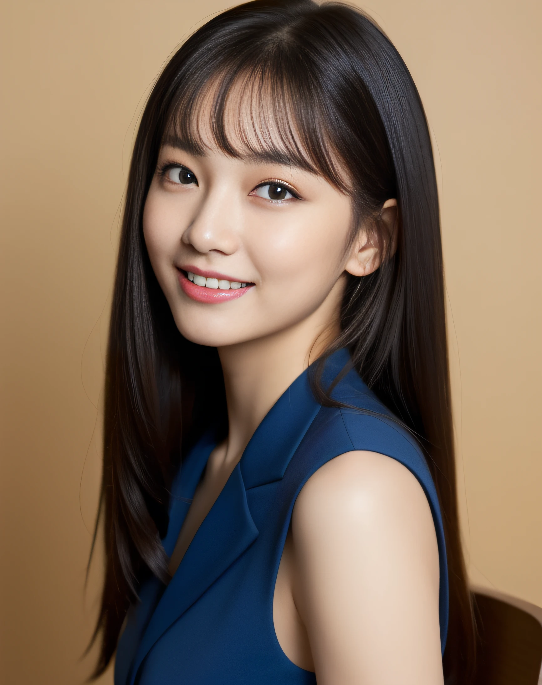 (Very detailed CG Unity 8k wallpaper, highest quality, Very detailed, Looking at the camera:1.2, The light shines on your face:1.5, Gray background, Professional Lighting), Japan female, 26 years old, Upper body composition with brightly lit face. She has an oval face, Soft arched eyebrows, bright expressive eyes,, pronounced nose, And a friendly smile. Her hair is long, straight, Black Hair， She wears a blouse, Paired with a chic blazer, Embody her lively and sociable personality