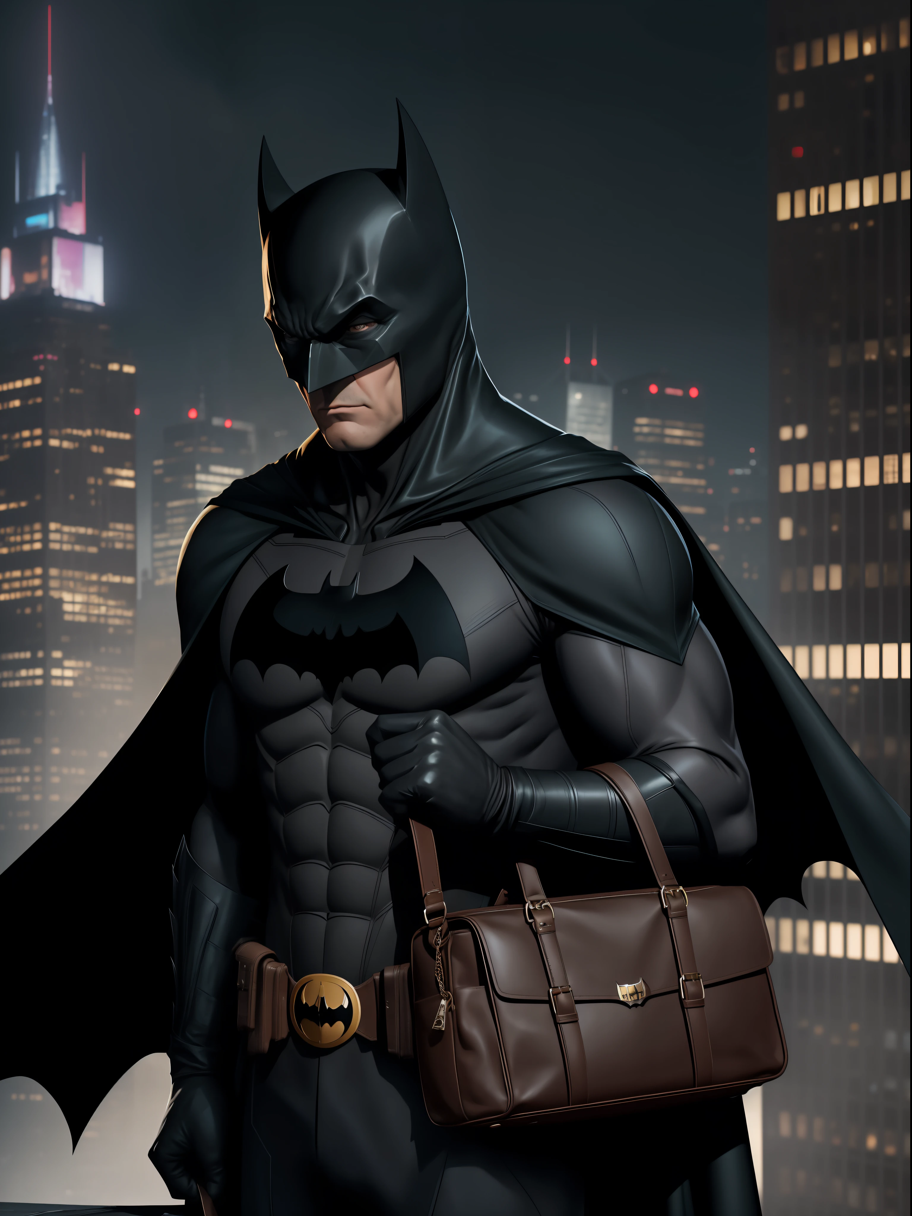 Close-up, Batman confidently stands atop the towering buildings of Gotham City, displaying his unparalleled vigilante abilities. Gripping a mysterious brown handbag in his hands, he meticulously examines its contents.