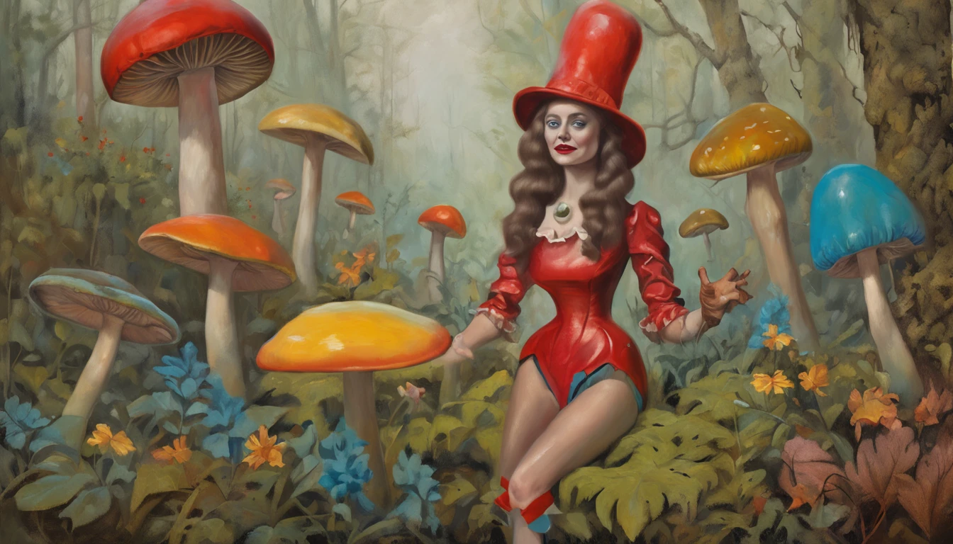 one retro fool girl on the mooshrooms forest, mooshroom, 1girl, ((vintage tight suit jester)), ((dirty)), fool clothes, fool cap, jester, buffoon, clown, fool, mountebank, harlequin ((best quality)), ((masterpiece)), ((realistic)), realistic photo, artistic anatomical hands, trending on artstation, sharp focus, intricate details, very detailed, detailed eyes, very detailed, sharp focus, digital render, professional photography, 4k, masterpiece in the style of (Rembrandt:1.1), (Caravaggio:1.1), pastel drawing