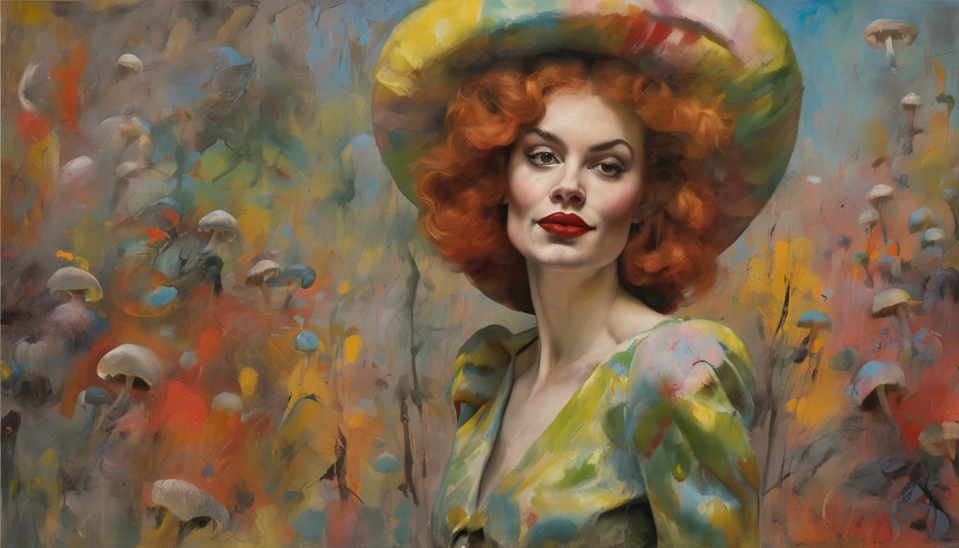 one retro fool girl on the mooshrooms forest, mooshroom, 1girl, ((vintage tight suit jester)), ((dirty)), fool clothes, fool cap, jester, buffoon, clown, fool, mountebank, harlequin ((best quality)), ((masterpiece)), ((realistic)), realistic photo, artistic anatomical hands, trending on artstation, sharp focus, intricate details, very detailed, detailed eyes, very detailed, sharp focus, digital render, professional photography, 4k, masterpiece in the style of (Rembrandt:1.1), (Caravaggio:1.1), pastel drawing